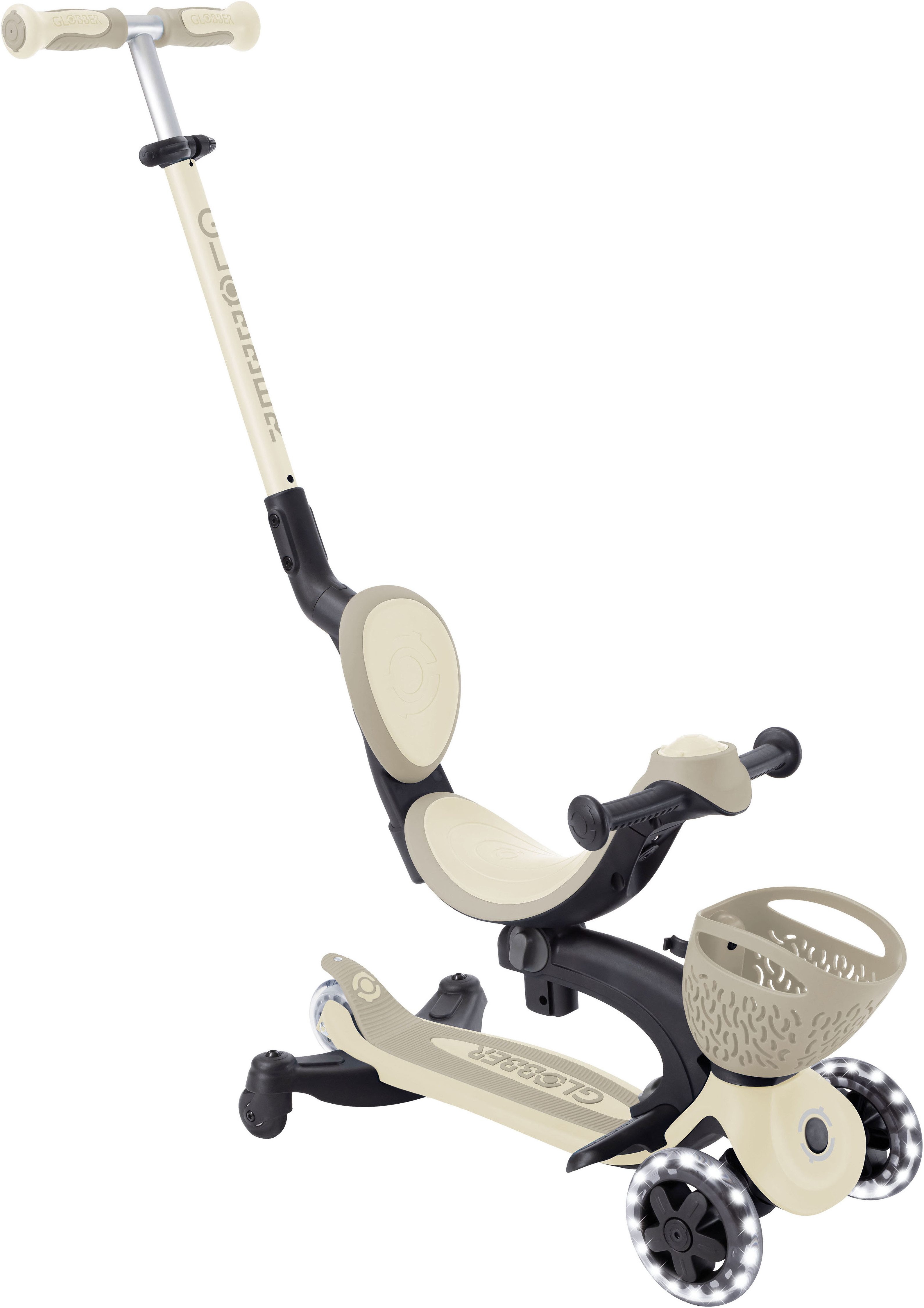 Globber Tretroller GO-UP BABY 360 LIGHTS, mit Leuchtrollen und Leuchtmodul, Aufsitzrad, Laufrad und Scooter in Einem