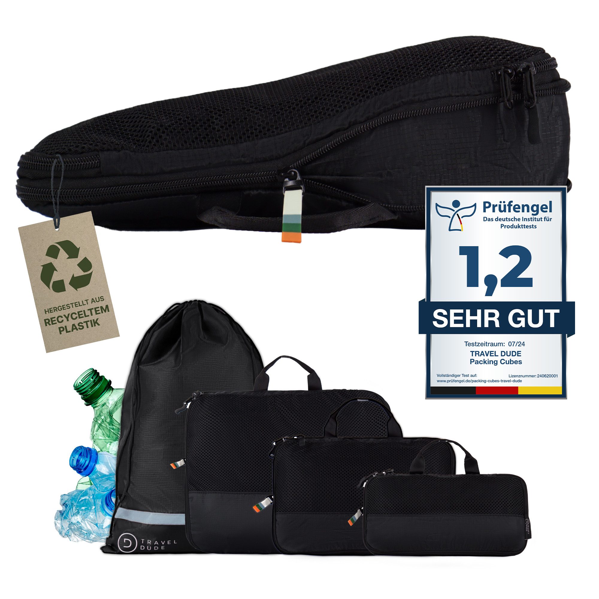 TRAVEL DUDE Kofferorganizer aus recycelten Plastikflaschen (ultraleichte Packwürfel, 4-tlg., Packing Cubes für Rucksack und Koffer, Packtaschen), mit Kompression und einem Nassfach