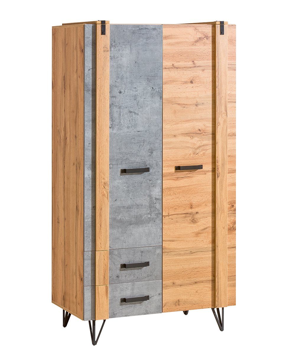 Stylefy Stauraumschrank Loffer Wotan Eiche Beton (Kleiderschrank,  Mehrzweckschrank) 2-türig, mit Schubladen, viel Stauraum, Industrial  Design, Metallelemente