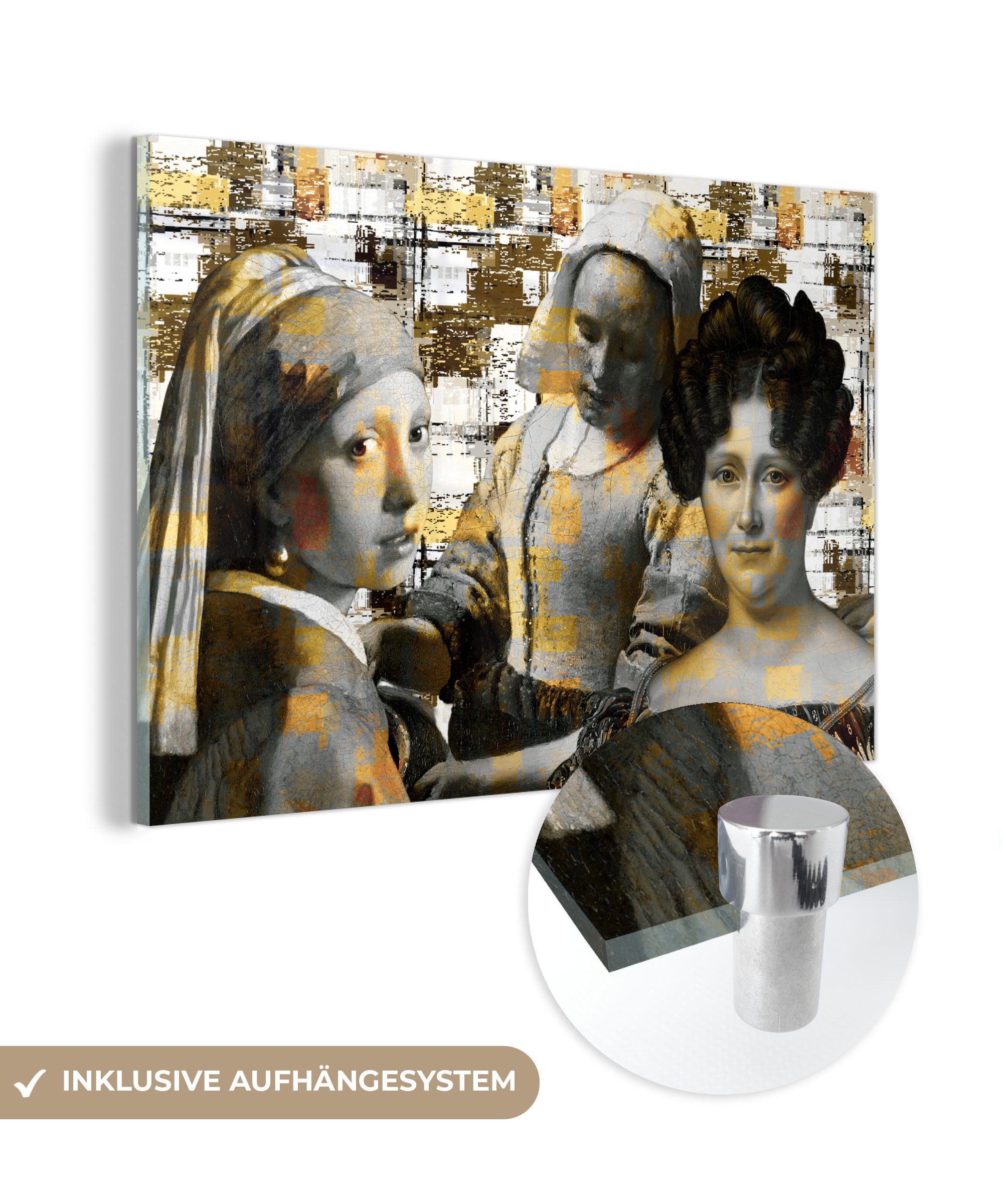 MuchoWow Acrylglasbild Collage - Mondrian - Gold, (1 St), Acrylglasbilder Wohnzimmer & Schlafzimmer bunt