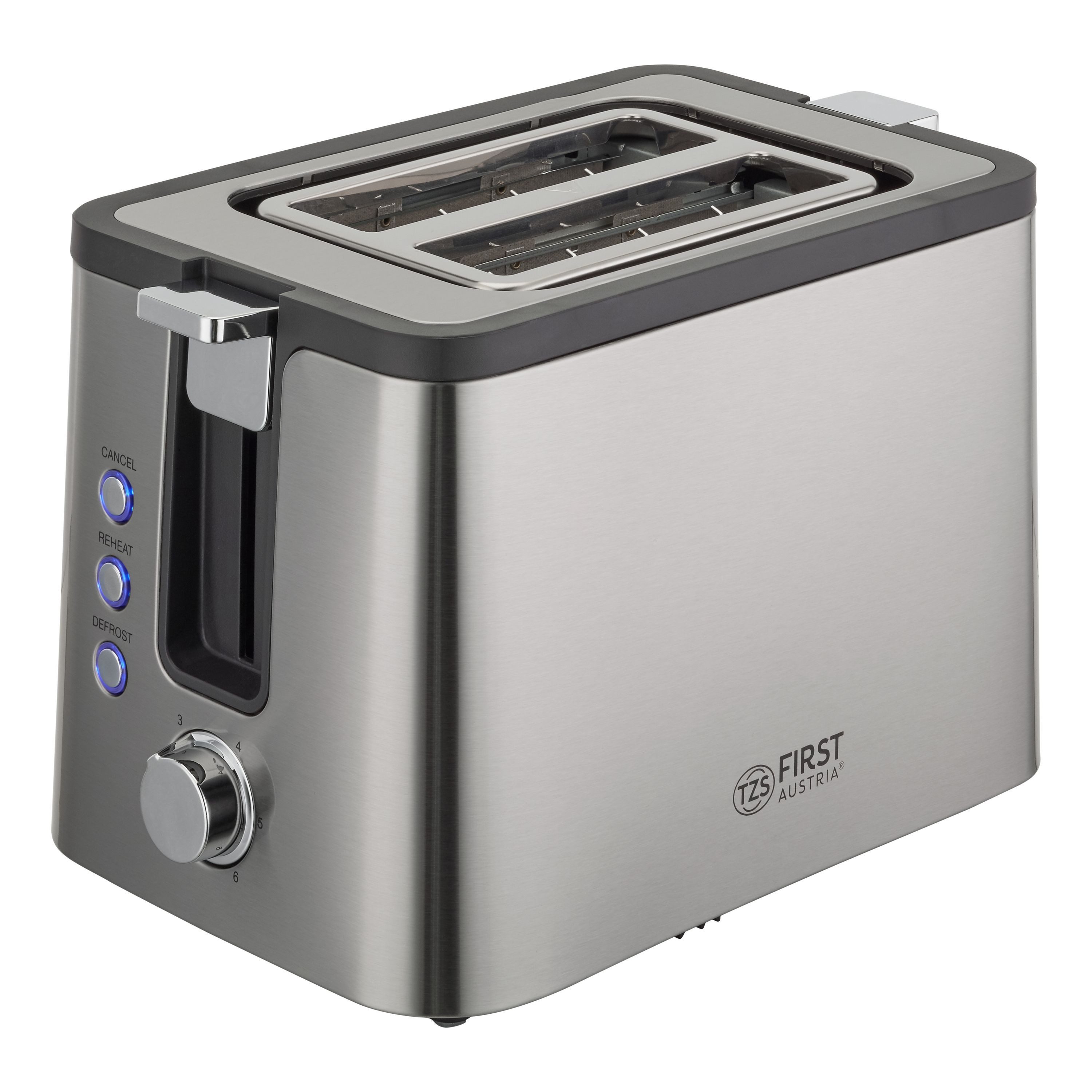 TZS FIRST AUSTRIA Toaster 2-Scheiben-Toaster, Brotzentrierung, Auftau- & Aufwärmfunktion, 800W, für Küche, Haushalt, 800 W, Edelstahl, 6 Bräunungsgrade, Krümelfach, Brötchenwärmer