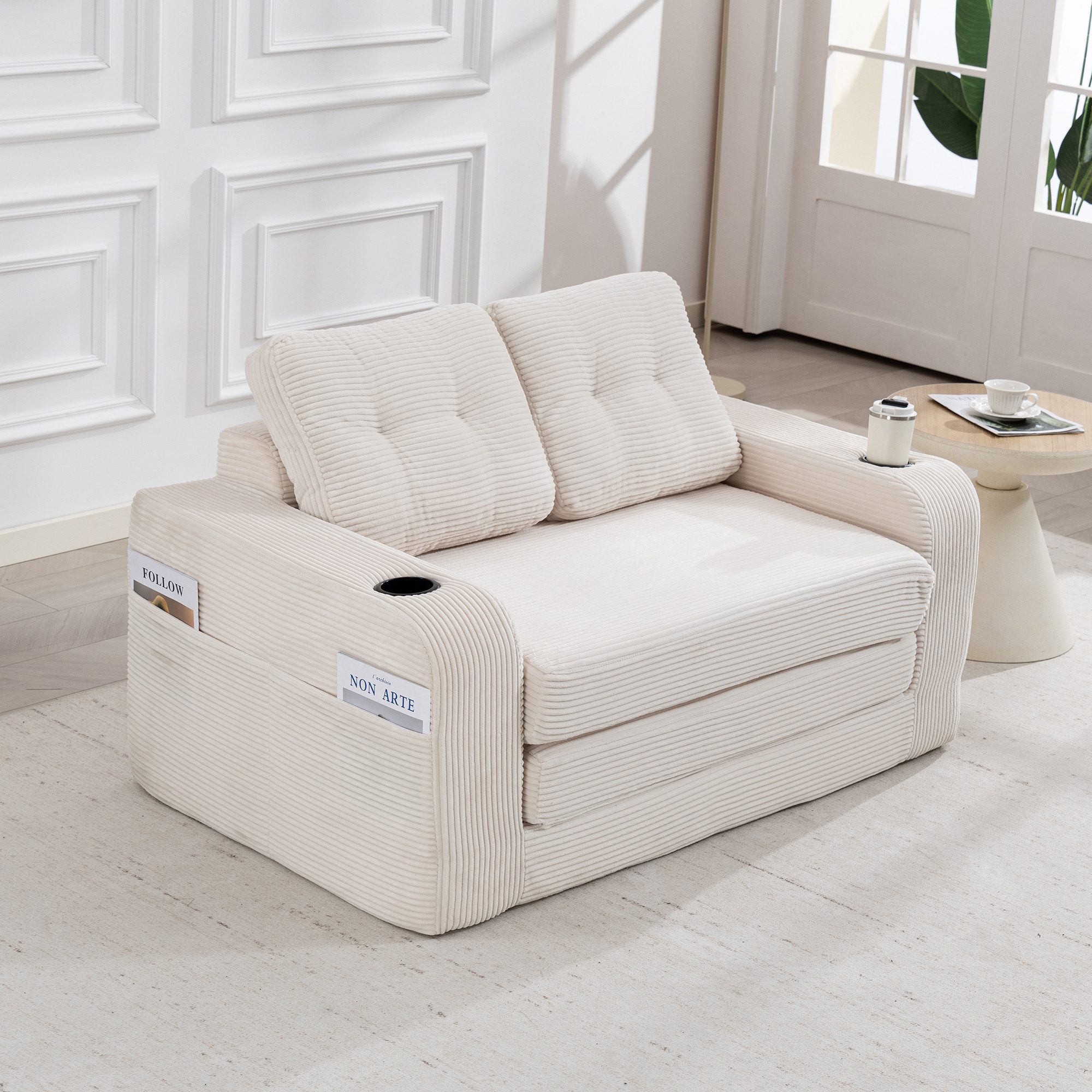 Schlafsofa mit Umbaufunktion,Modulares Bodensofa Zweisitzer,Wohnzimmer Cord Beige