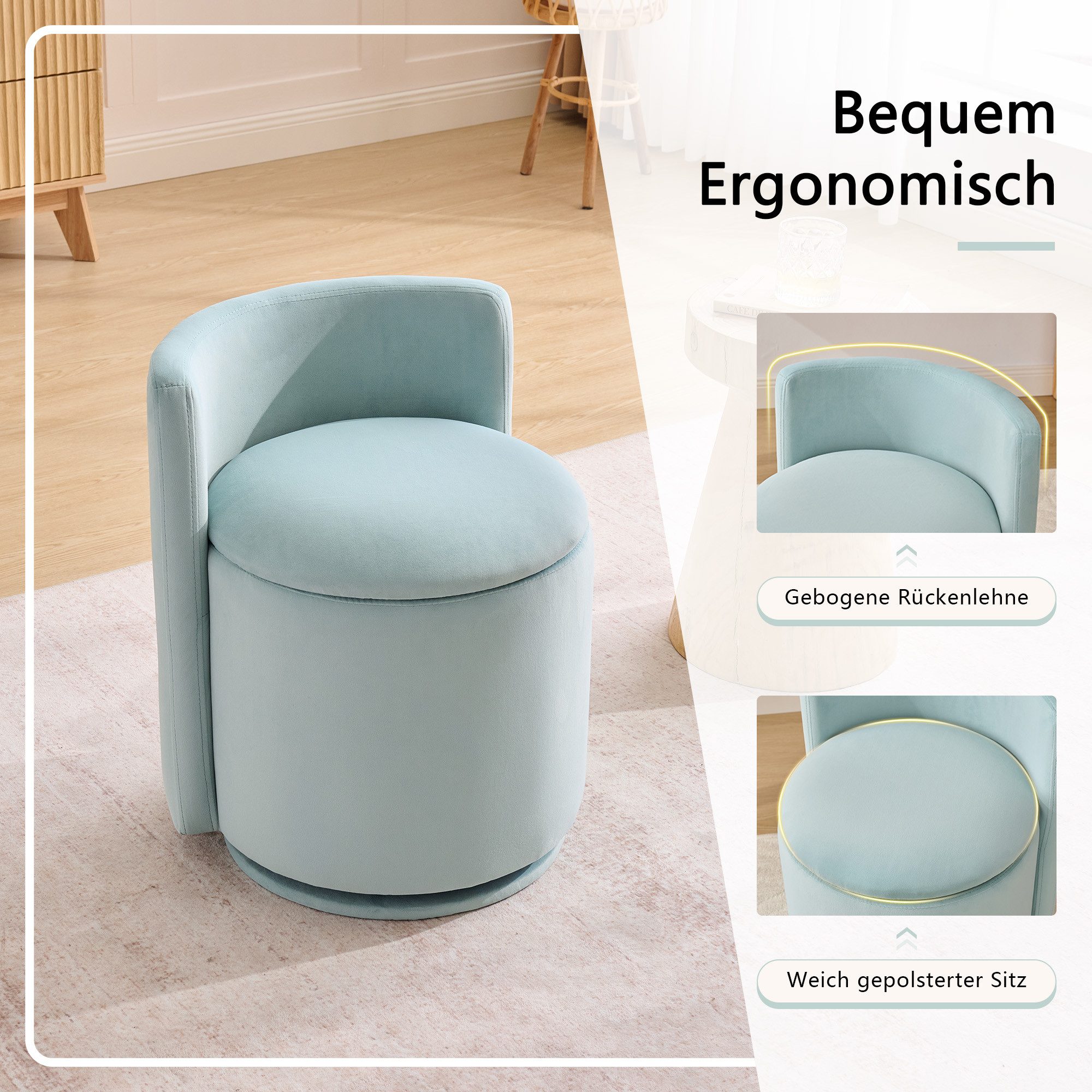 BlingBin Polsterstuhl Schminkhocker, Schminkstuhl Sessel 360° Drehbar mit Stauraum (1 Stück, 1 St), Moderner Relaxsessel mit Rückenlehne für Wohnzimmer