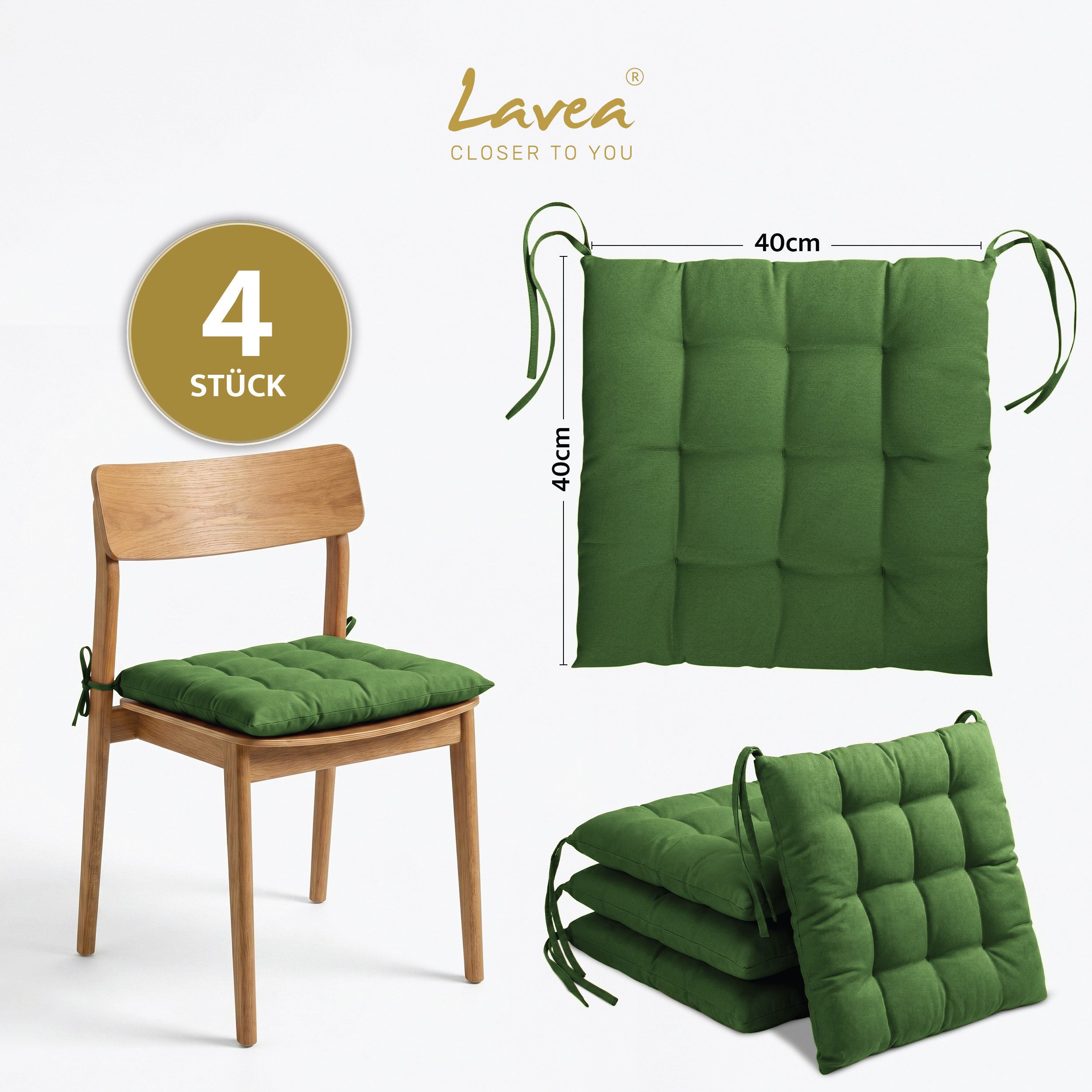 Lavea Stuhlkissen Lavea® Sitzkissen & Stuhlkissen 40x40 cm – 4er/8er Set, 40x40x3 cm, mit Stoffbändern, Indoor & Outdoor, für Garten & Balkon
