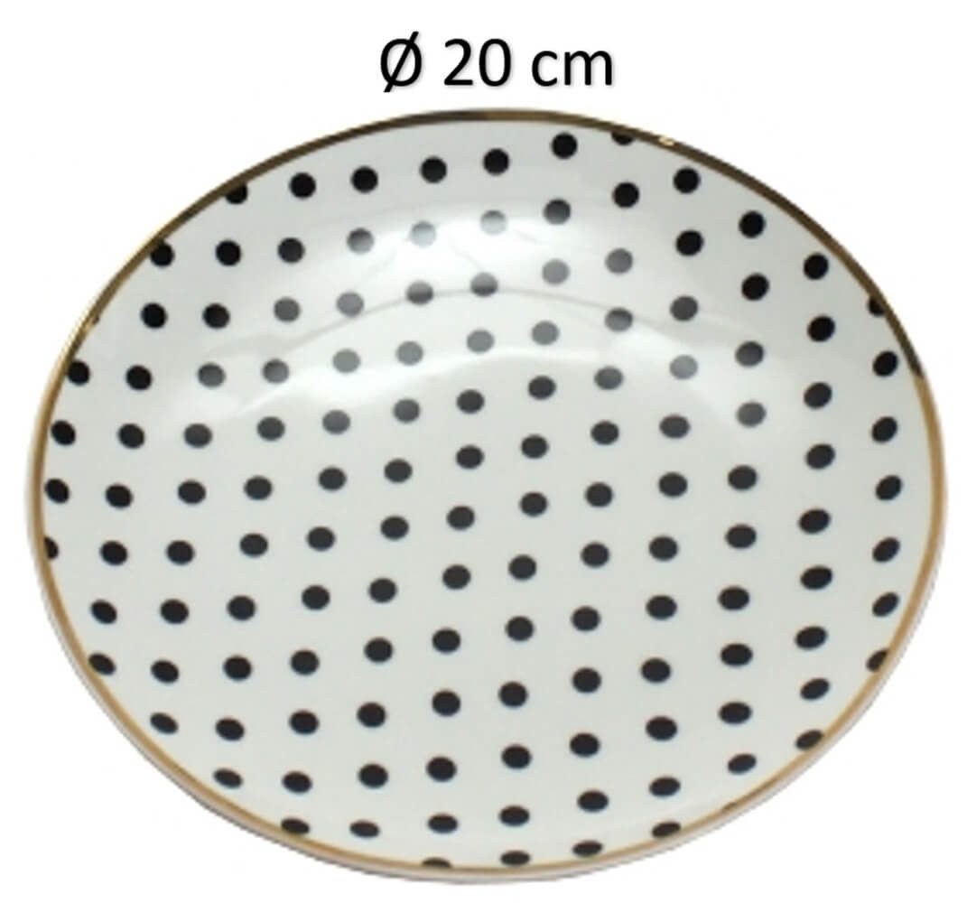degawo Frühstücksteller Schwarz Weißer Porzellan Teller mit Punkten und einem Goldrand.