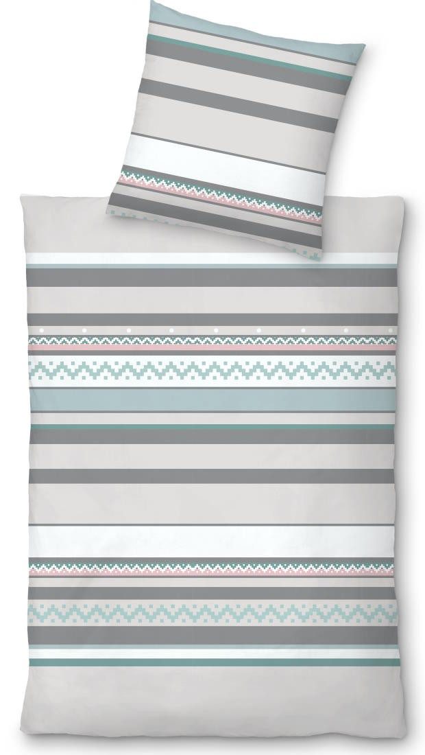 LIVING DREAMS Bettwäsche Biber Bettwäsche BLUE STRIPE organic cotton, Biber, 2 teilig, kuschelig weiches Bettwäsche-Set mit Bordüren Streifen BIO Baumwolle