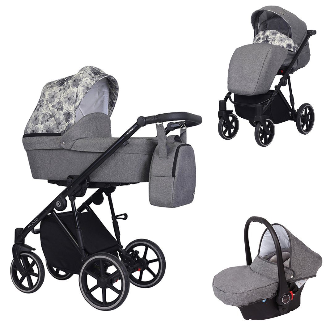 3 - Jahre Gestell Molto Autositz = Teile 4 babies-on-wheels Grau-Dekor 1 schwarzes inkl. 13 von - Kombi-Kinderwagen Geburt bis in