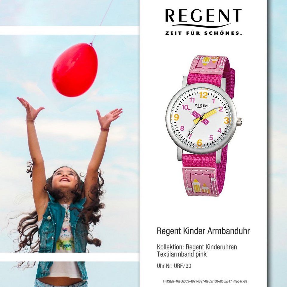 Regent Quarzuhr Regent Textil Kinder Uhr Quarzuhr, Kinderuhr Textilarmband  pink, rundes Gehäuse, klein (ca. 29mm)