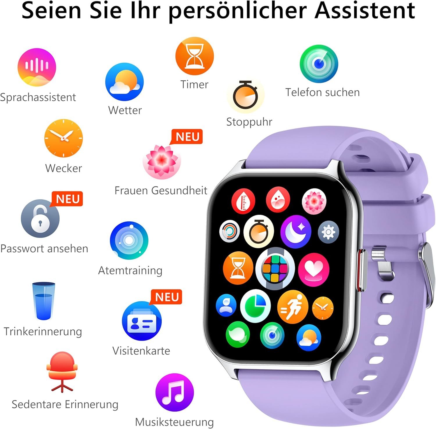 Zevelora Damen's und Herren's Fitness Tracker Telefonfunktion IPx7 Wasserdicht Smartwatch (2 Zoll, Android/iOS), mit austauschbarem weichem Silikonarmband, mit Blutdruckmessung Herzfrequenz Schlafmonitor SpO2, Sport modus