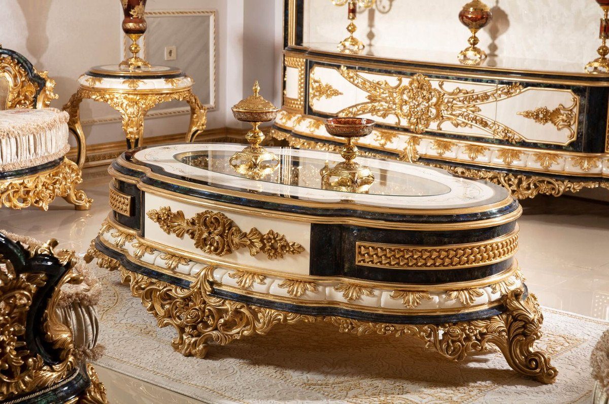Casa Padrino Couchtisch Luxus Barock 2 Weiß Möbel / / / - Barockstil Gold Gold Blau Handgefertigte 2 & Sessel 1 - & Set & Beistelltische Sofas Couchtisch im & Prunkvoll - Edel 2