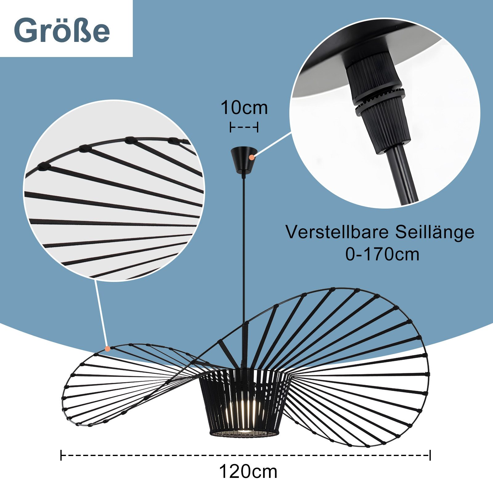 Nettlife Pendelleuchte Vintage Schwarz Esstisch E27 Hängelampe 60/80/100/120/140CM, LED wechselbar, Pendellampe für Wohnzimmer Schlafzimmer Korridor Esszimmer – Bild 5 von 5