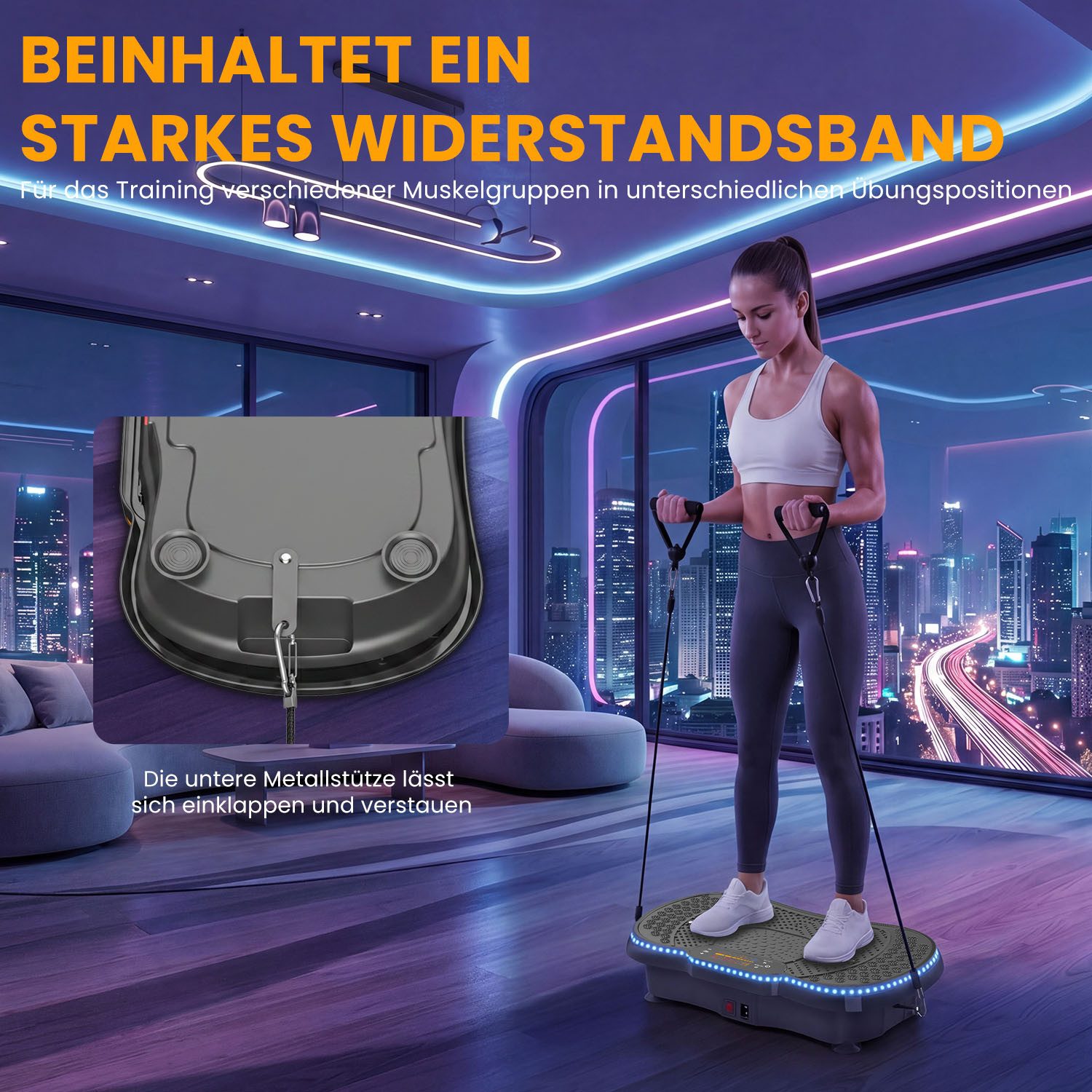 Dskeuzeew Vibrationsplatte Vibrationsplattform mit bürstenloser Motor 200 W - 9 LED-Leuchten, 200 W, 200 Intensitätsstufen, (Set, Tragkraft 150 kg - inkl. Trainingsbänder), Mit Springseil und robustem Trainingsband