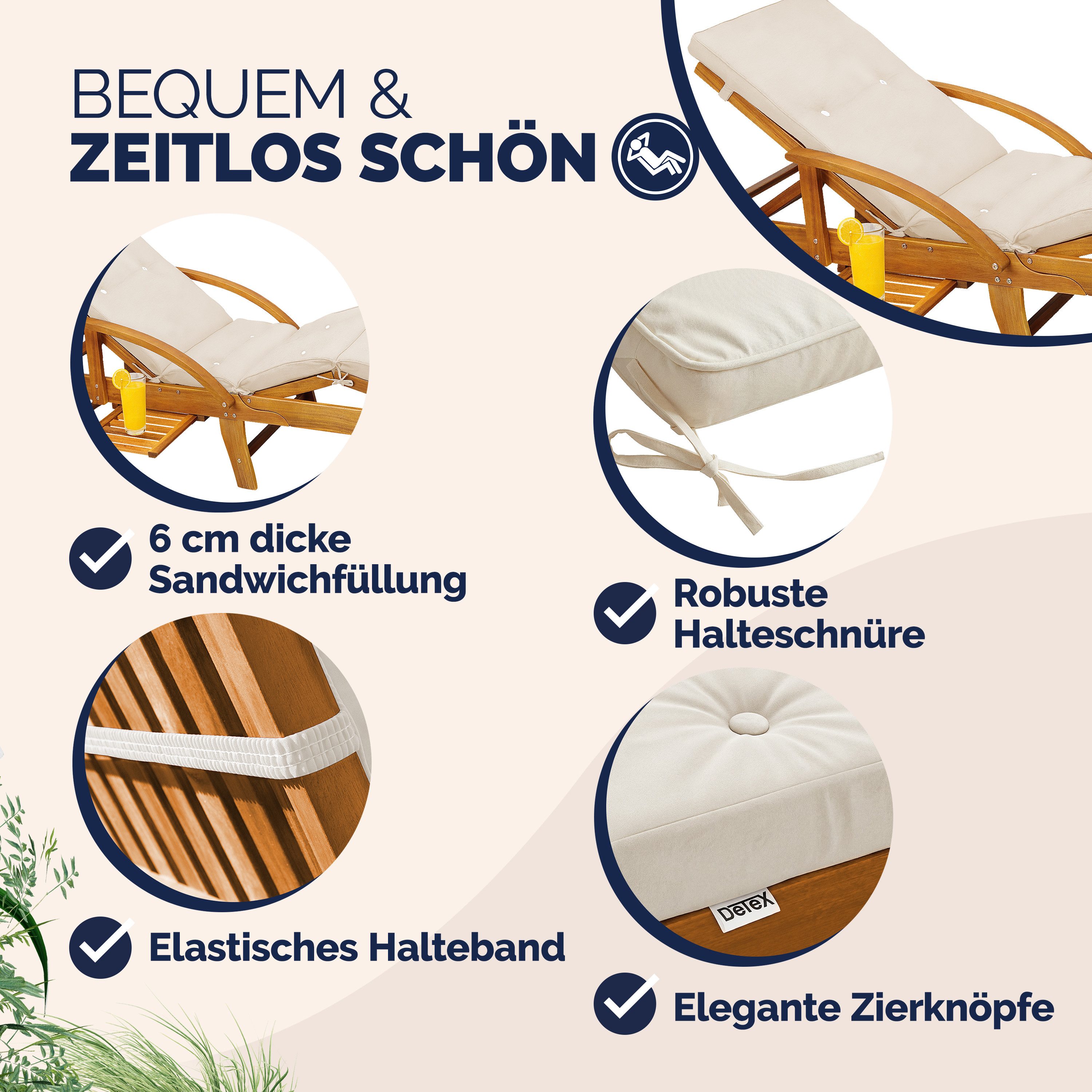 Detex Polsterauflage Tami Sun, wetterfest UV-beständig Schlaufen Zugband 5cm Dicke Polster