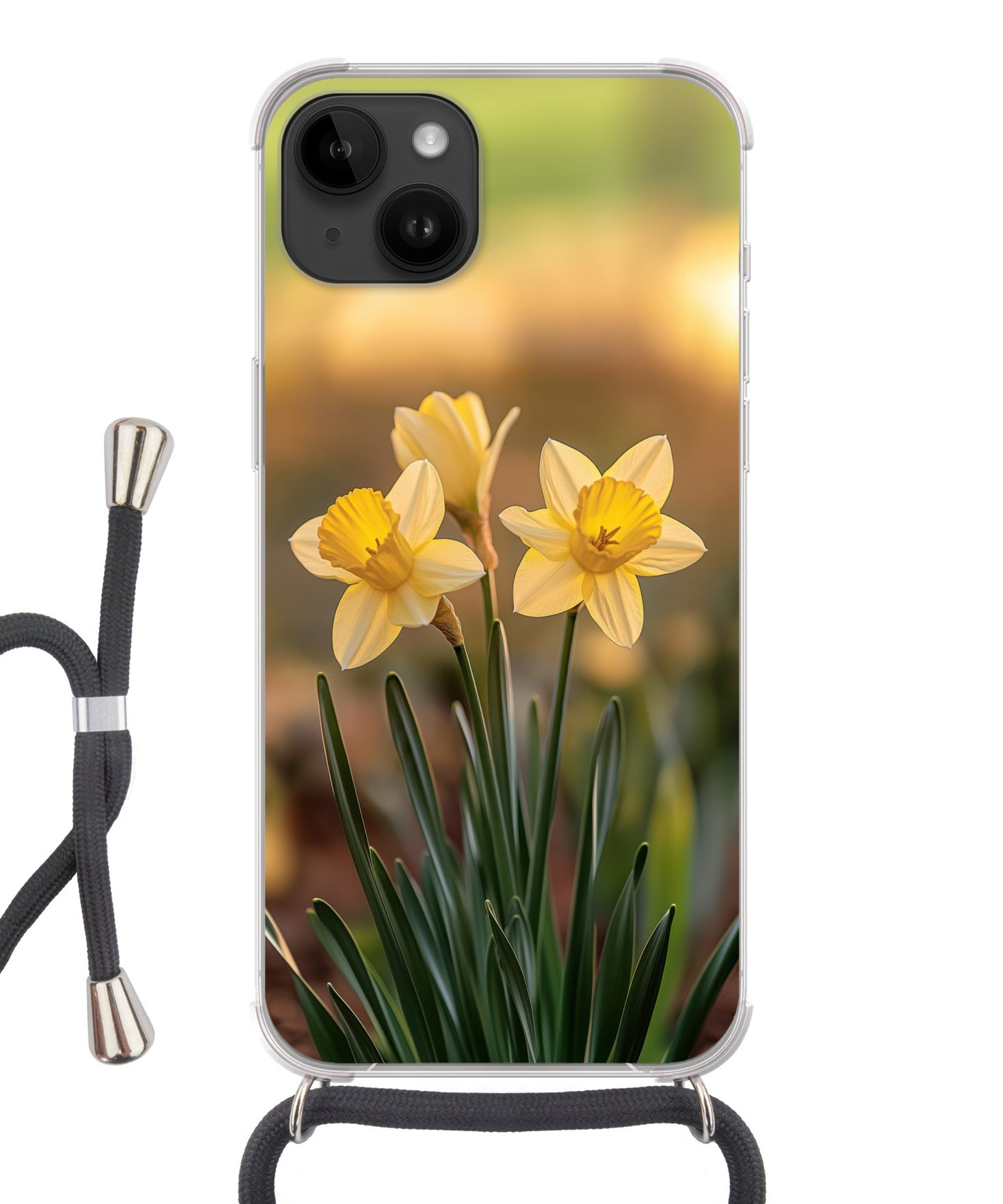 MuchoWow Handyhülle für Apple iPhone 14 Blumen - Gelb - Unscharf, Tragbare Handyhüllen mit Kette zum umhängen, Handykette Handyband