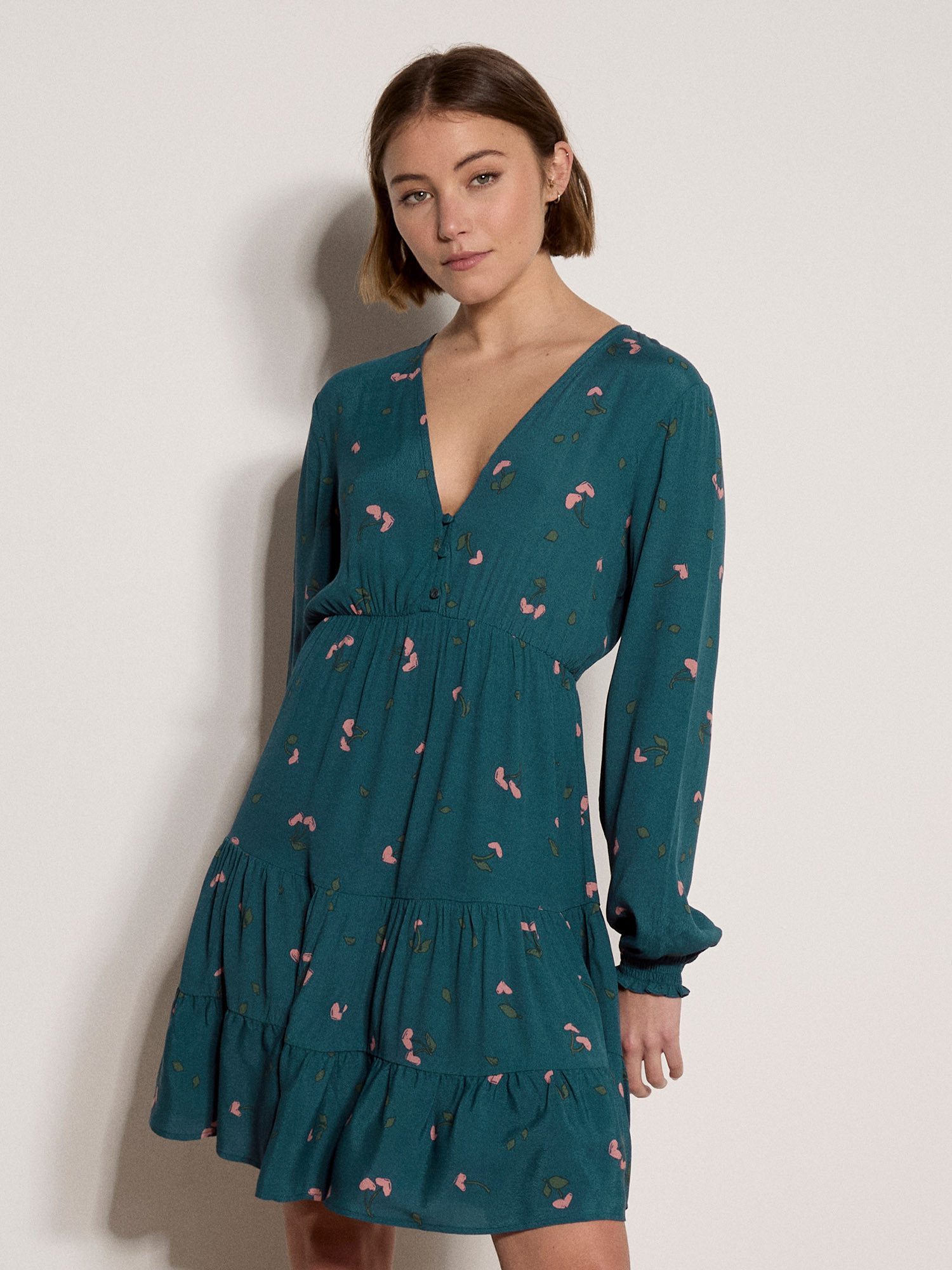 Apricot Minikleid Kurzes Crêpekleid mit Kirschprint