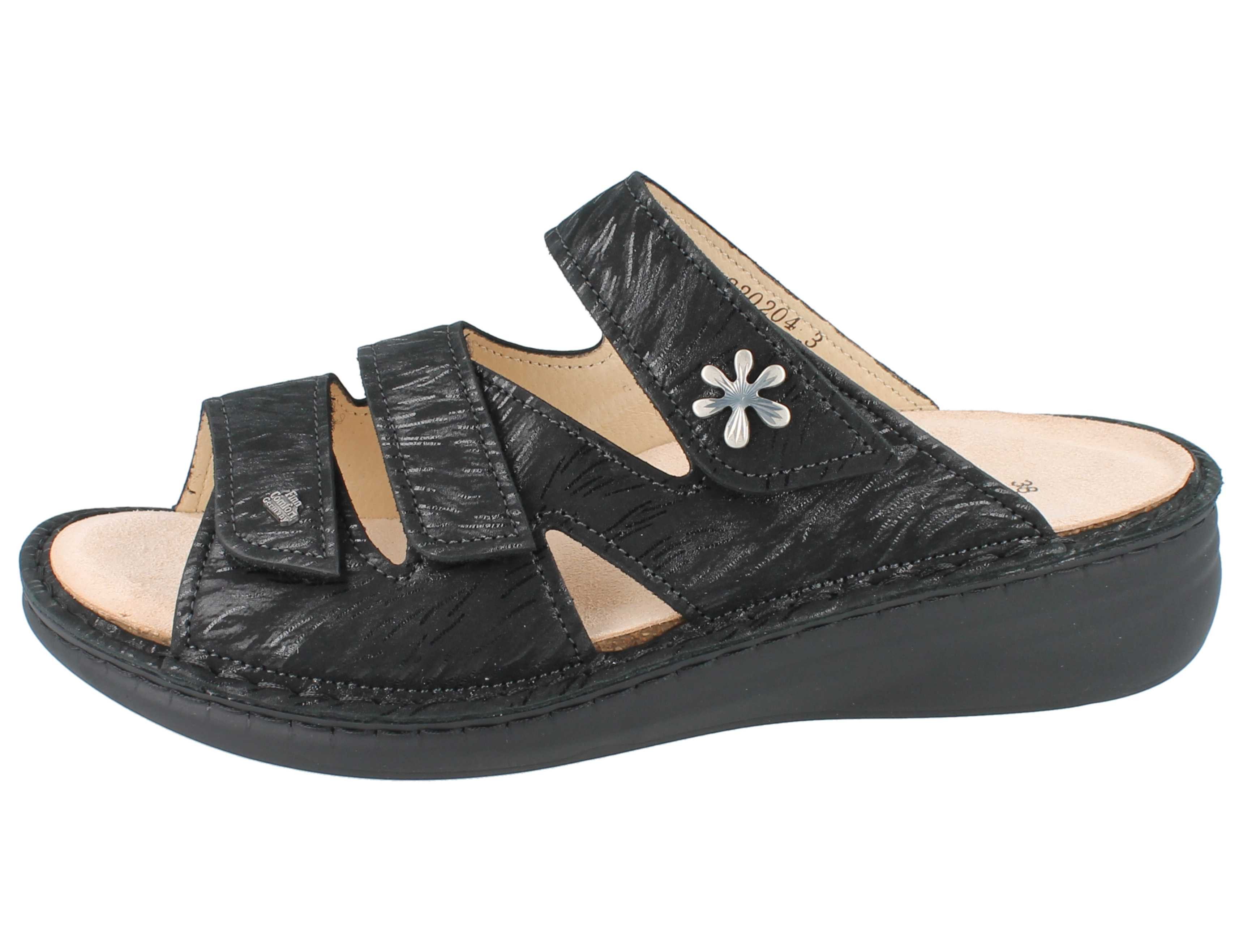 Finn Comfort FINN COMFORT Grenada Damen Pantolette schwarz bedrucktes Nubukleder - Pantolette Wechselfußbett