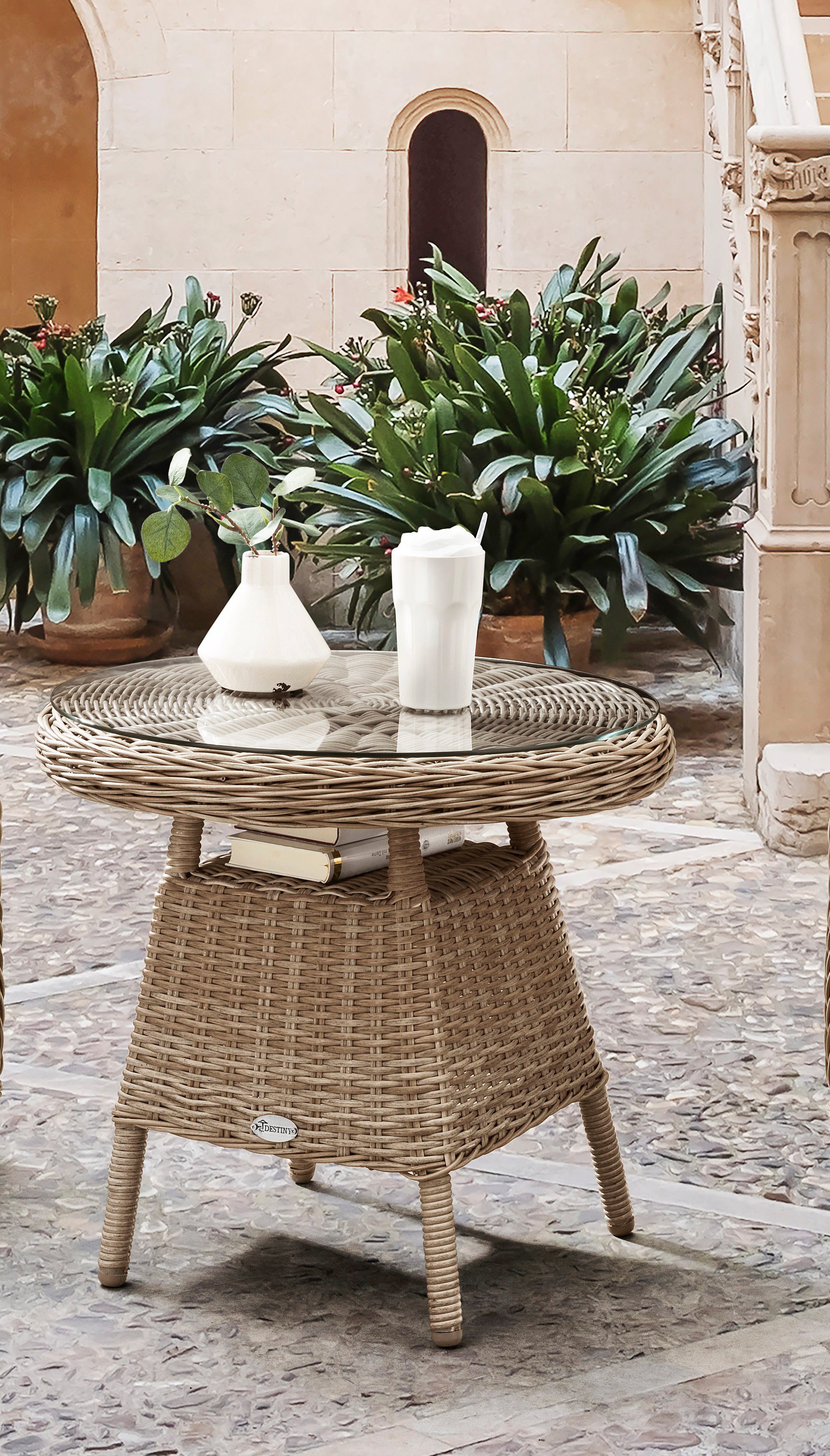 Destiny 60x55 aufgelegter cm, MALAGA, Glasplatte Polyrattan, mit Gartentisch natur meliert Ø