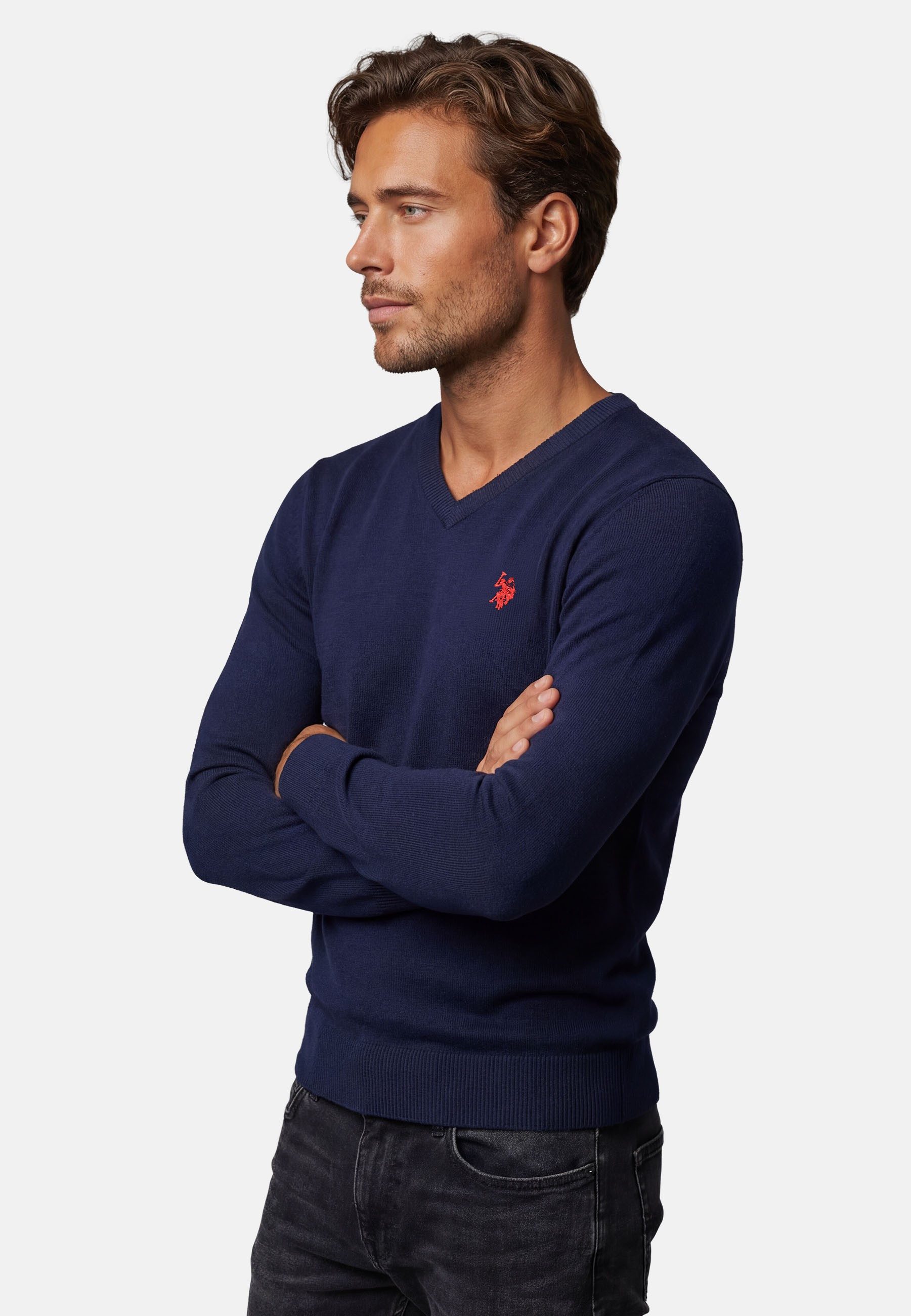 U.S. Polo Assn. V-Ausschnitt-Pullover Longsleeve USPhil – Herren V-Neck Classic Fit mit Logo-Stickerei Angenehme Baumwollmischung, weiches Material und sportiver Look