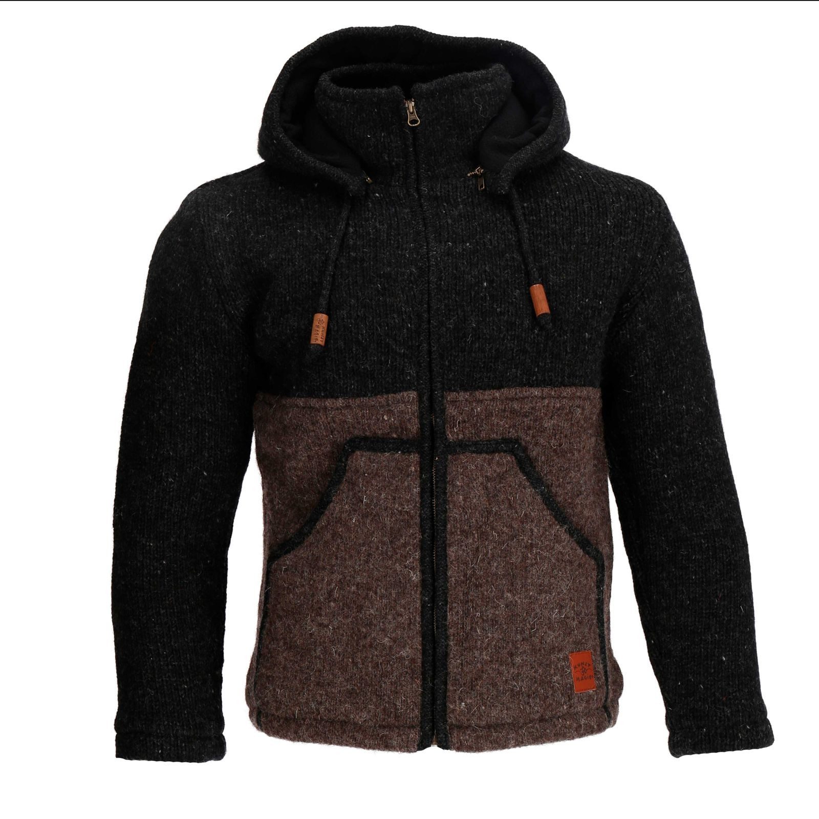 Kapuzenstrickjacke Strickjacke Wolle Bunte Patchwork Jacke Fleecefutter abnehmbare Kapuze