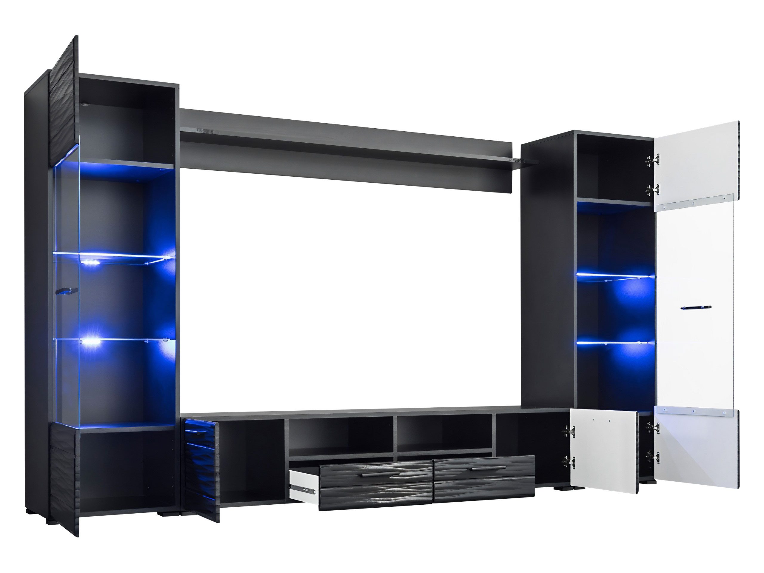 MIRJAN24 Wohnwand Modica, (4er-Set, 2x Vitrine, TV-Lowboard, Wandregal), mit Dekorative Beleuchtung LED RGB
