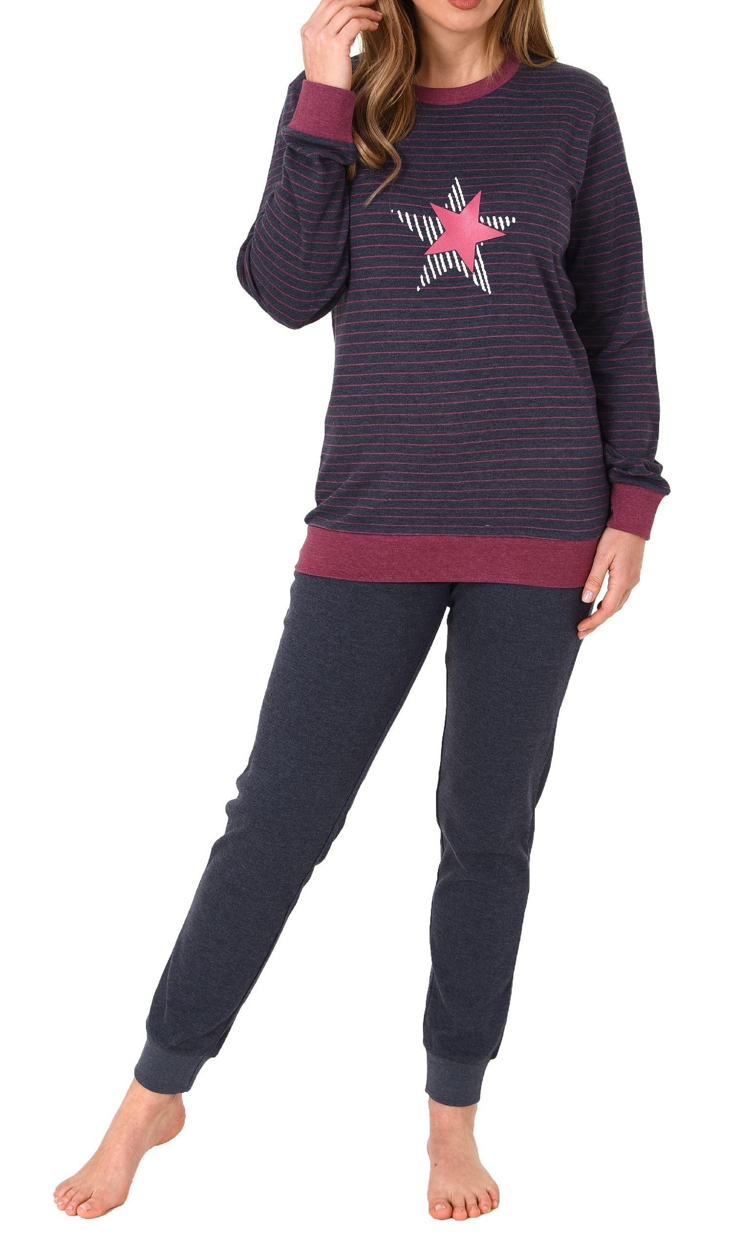 Pyjama Kuscheliger Damen Pyjama mit Bündchen, Streifenoptik + Sternenmotiv