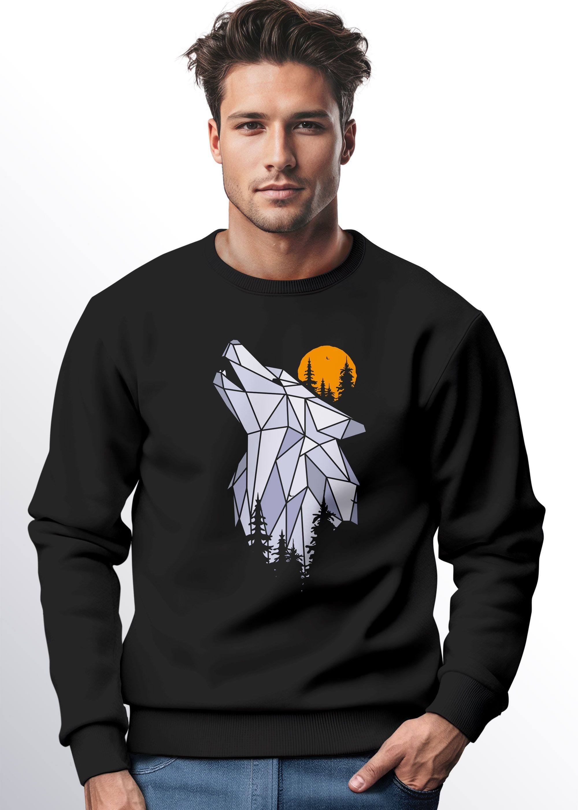 Neverless Sweatshirt Sweatshirt Herren Polygon Print Wolf Wald Outdoor Adventure Natur Tier