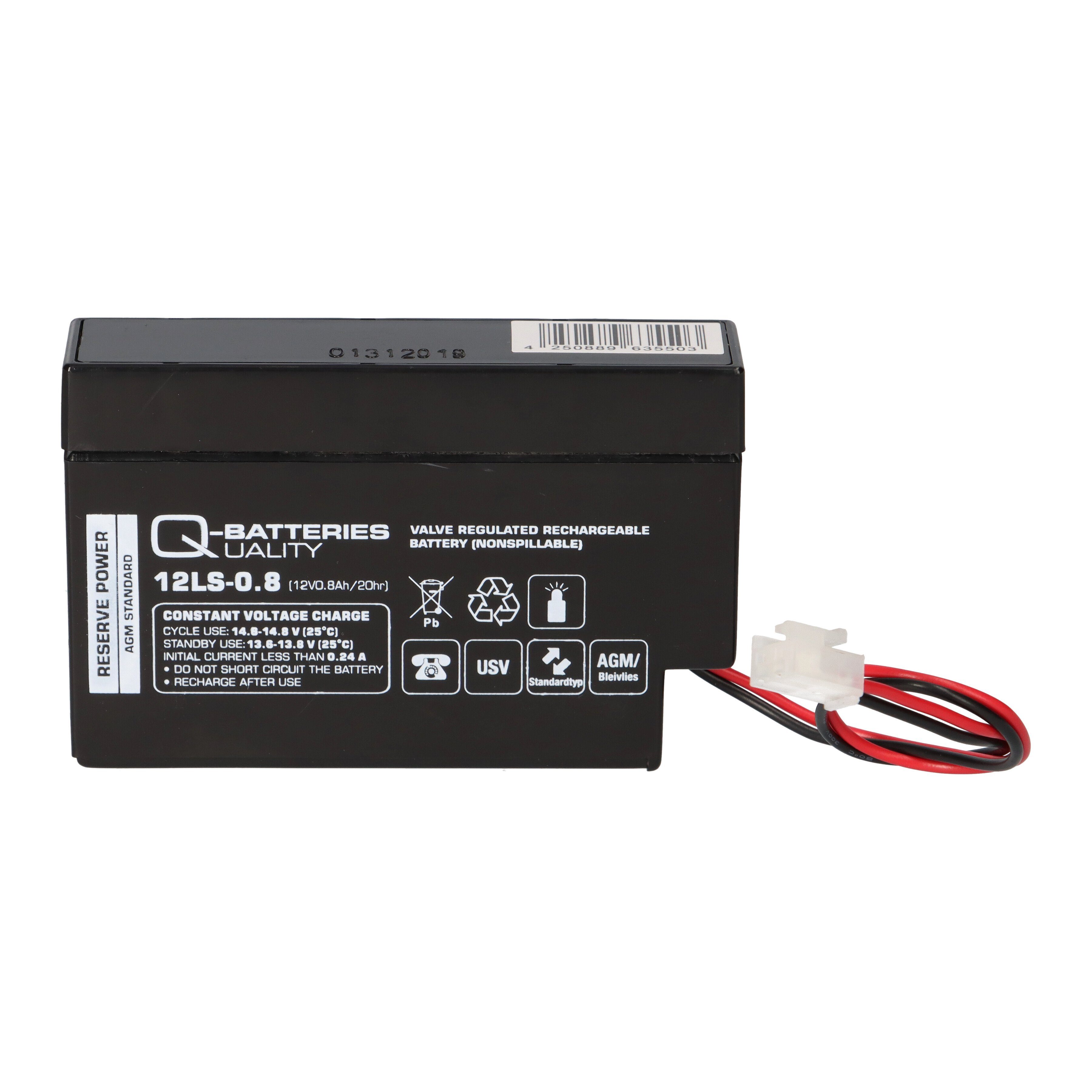 12LS-0.8 12V Bleiakkus 0,8Ah Stecker Q-Batteries / AGM Q-Batteries mit JST Blei-Vlies-Akku