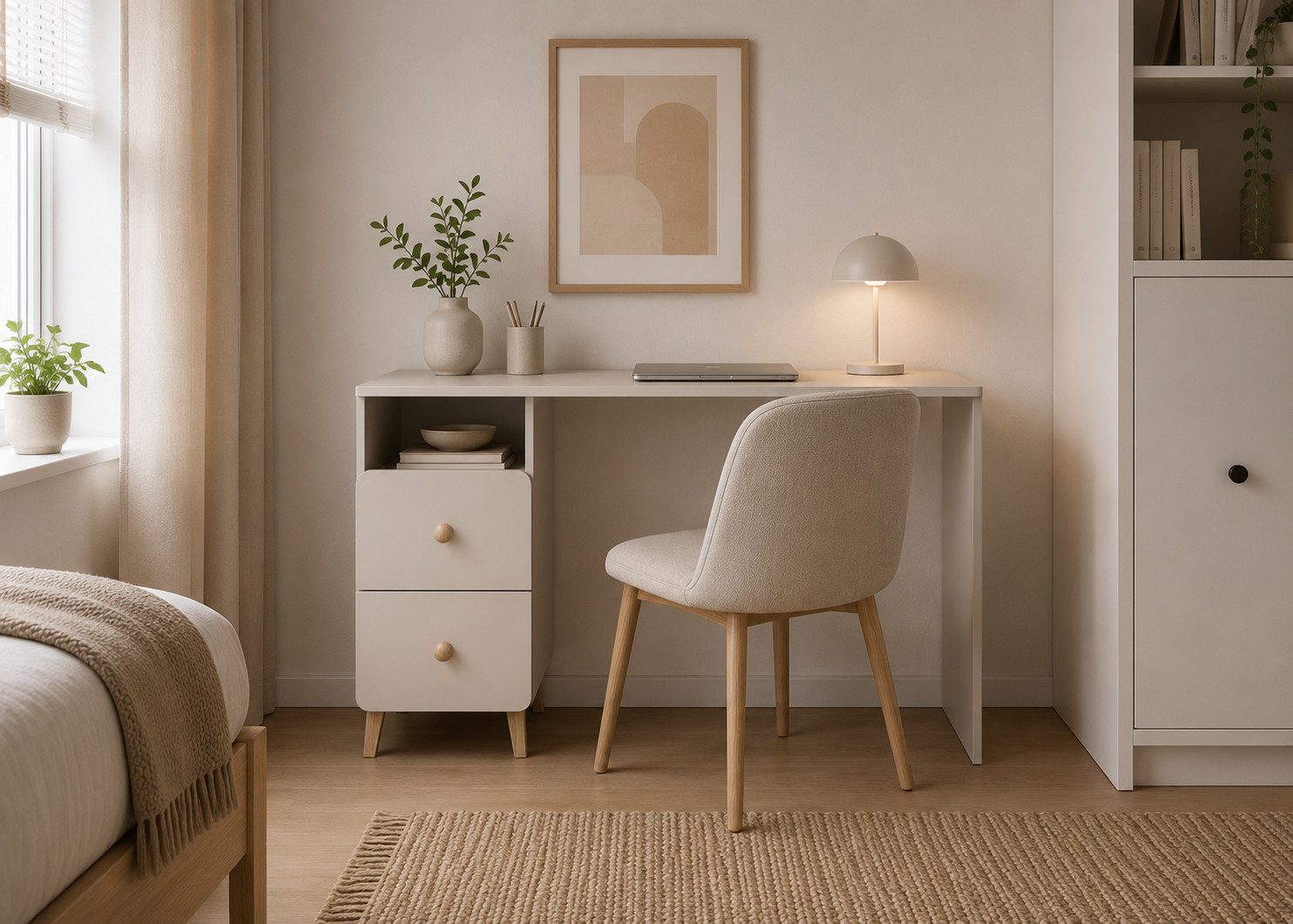 MOEBLO Schreibtisch MERK (110 cm breit, mit 2 Schubladen, Ablagefach, Holzgriffen und Holzfüßen, Kaschmir – für Homeoffice & Jugendzimmer), (BxHxT): 110 x 75 x 50 cm
