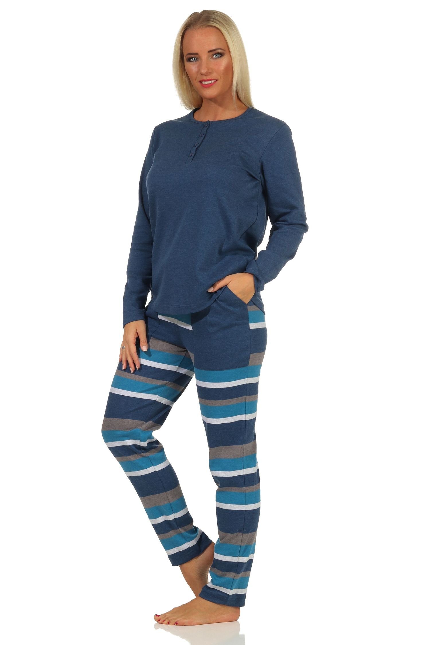 Normann Hose Damen Qualität gestreifter Kuschel Interlock Pyjama blau in Schlafanzug mit