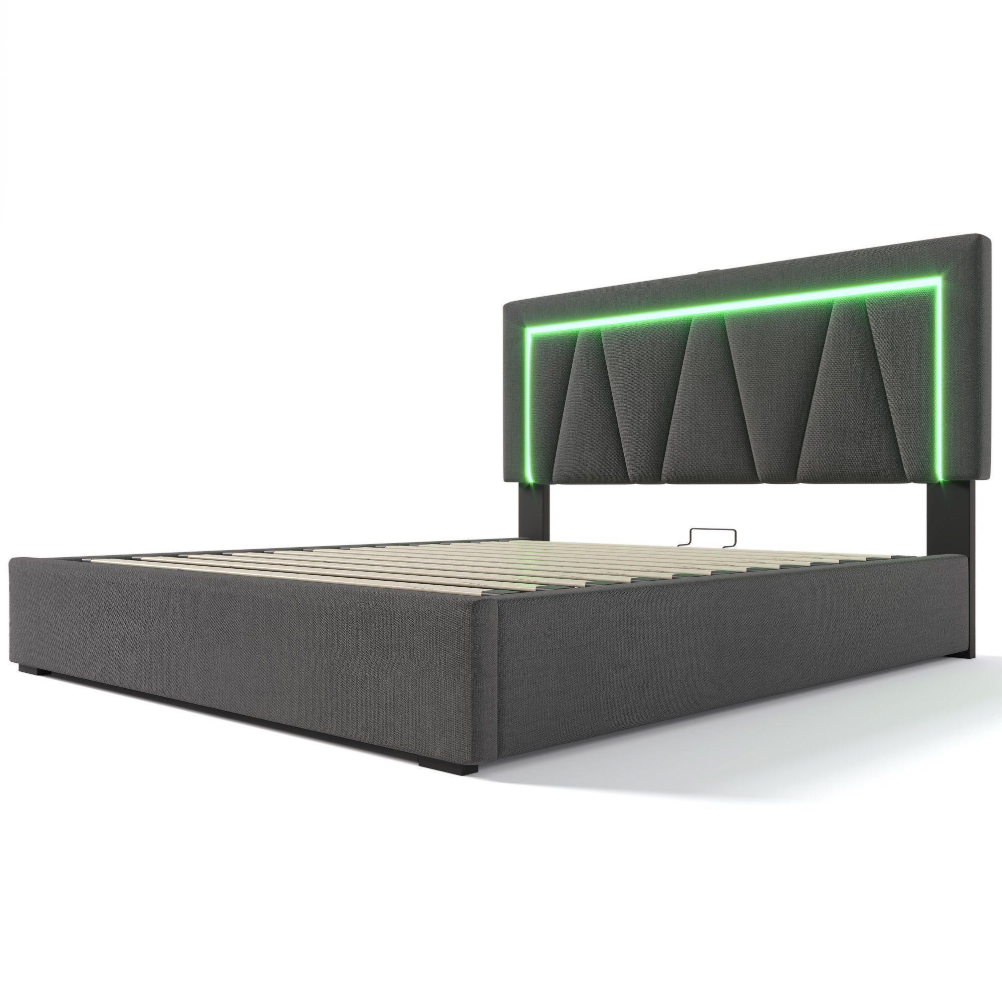 Polsterbett (Stauraumbett mit Lattenrost, 160x200cm), LED Doppelbett mit USB Typ C Ladefunktion, Leinen, Ohne Matratze