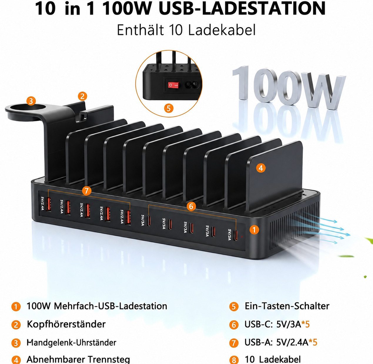Toomoke 100W Ladestation für mehrere Geräte, 10-Port USB-C Ladestation (USB-A Ladegerät mit Tablet- und Smartphone-Halterung, inkl. 10 Ladekabeln, für iPhone 17/16/15, Galaxy S25/S24, iPad und mehr)