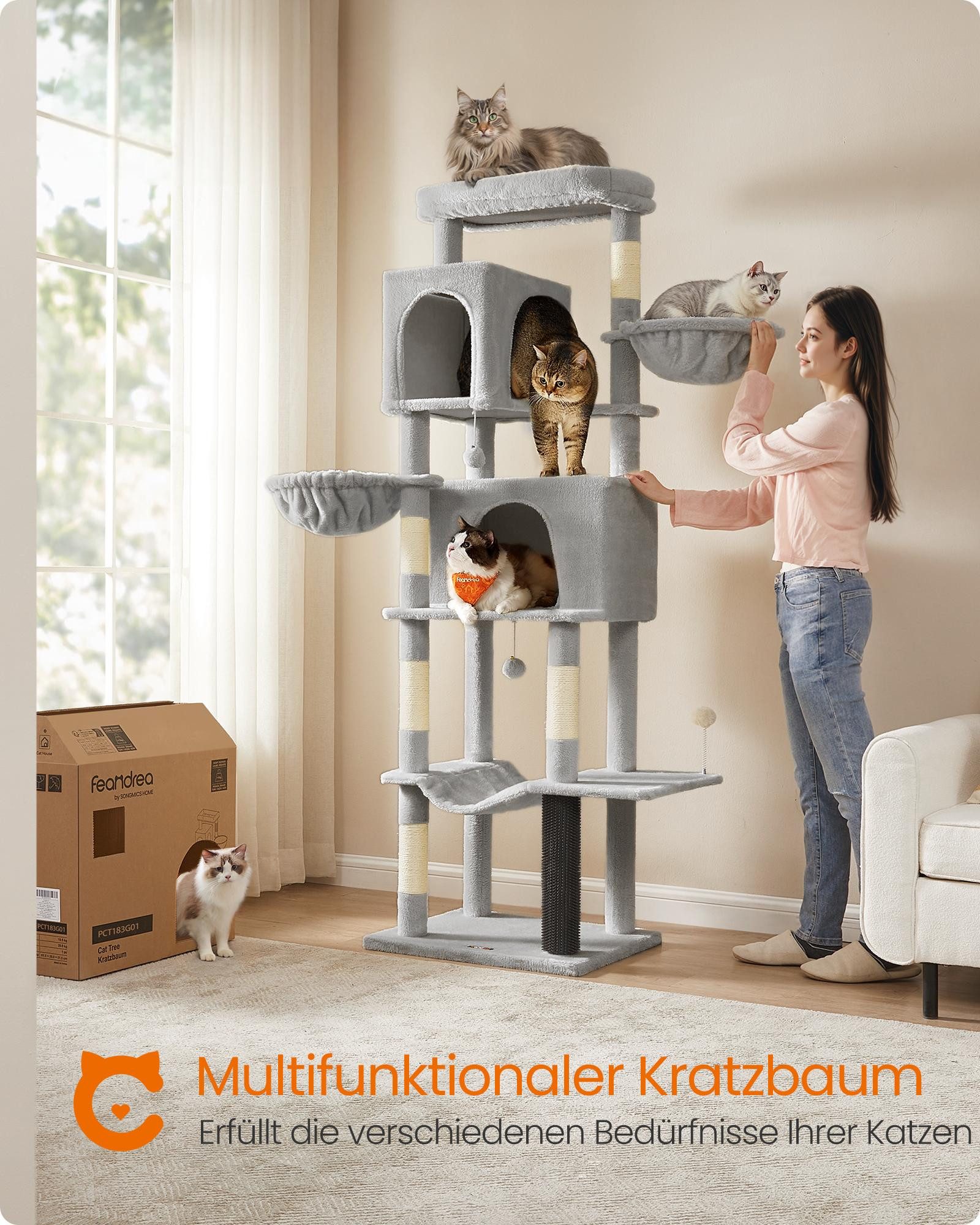 FEANDREA Kratzbaum mehrstöckiger Katzenbaum mit 2 Höhlen, 2 Liegemulden, 5 Kratzsäulen, groß, 190 cm hoch, XXL, Katzenbürste, große Plattform