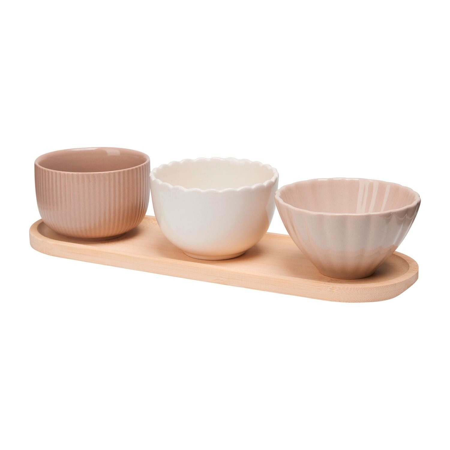 Koopman Servier-Set 4-teilig INNA, Braun, B 28,5 x H 10 x T 9 cm, Bambusholz, Keramik