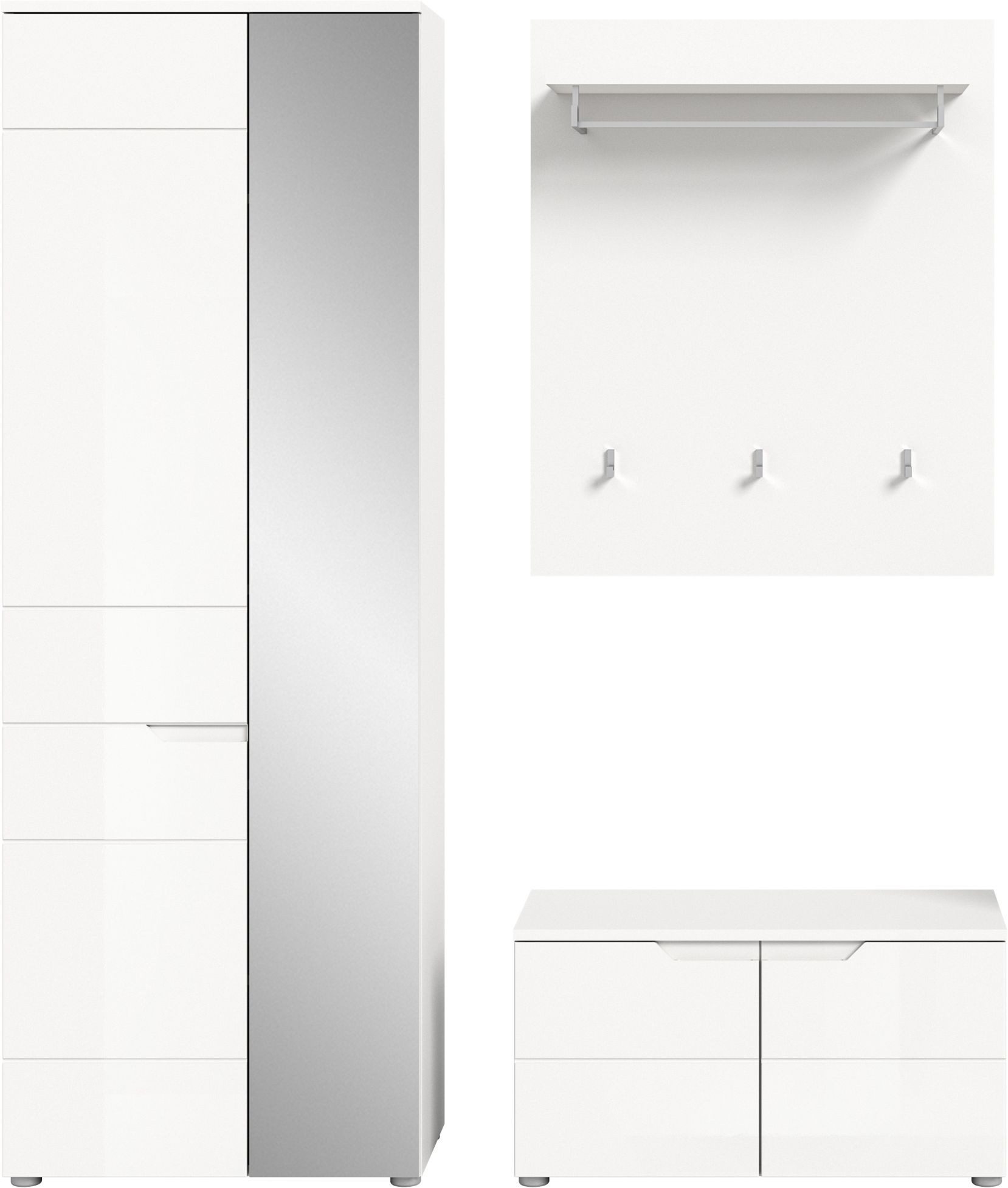 xonox.home Garderoben-Set, (3tlg. Set bestehend aus Garderobenschrank, Sitzbank, Paneel), Weiß Hochglanz Softclose Melamin Modern 163x193x37 cm