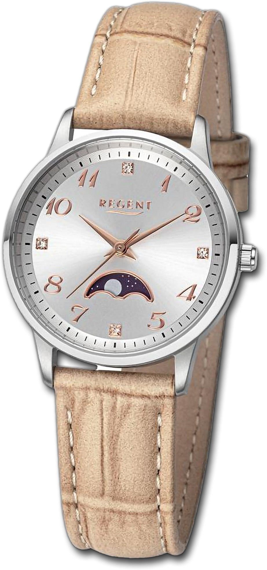 Regent Quarzuhr Regent Damen Armbanduhr Analog, Damenuhr Lederarmband hellbraun, rundes Gehäuse, groß (ca. 31,5mm)