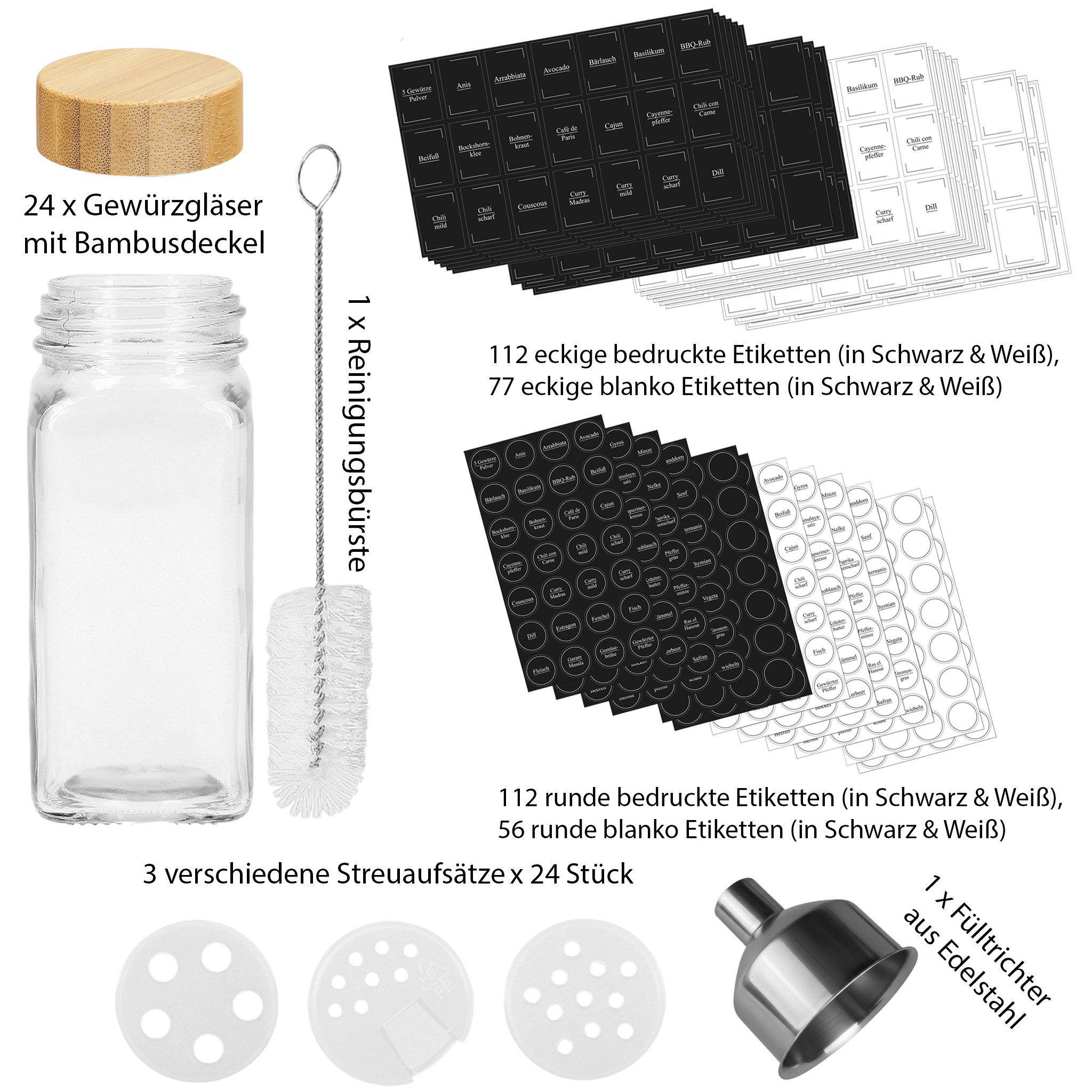 VonBueren Gewürzstreuer VonBueren Gewürzgläser eckig leer Bambusdeckel mit Streueinsatz, (24-tlg)
