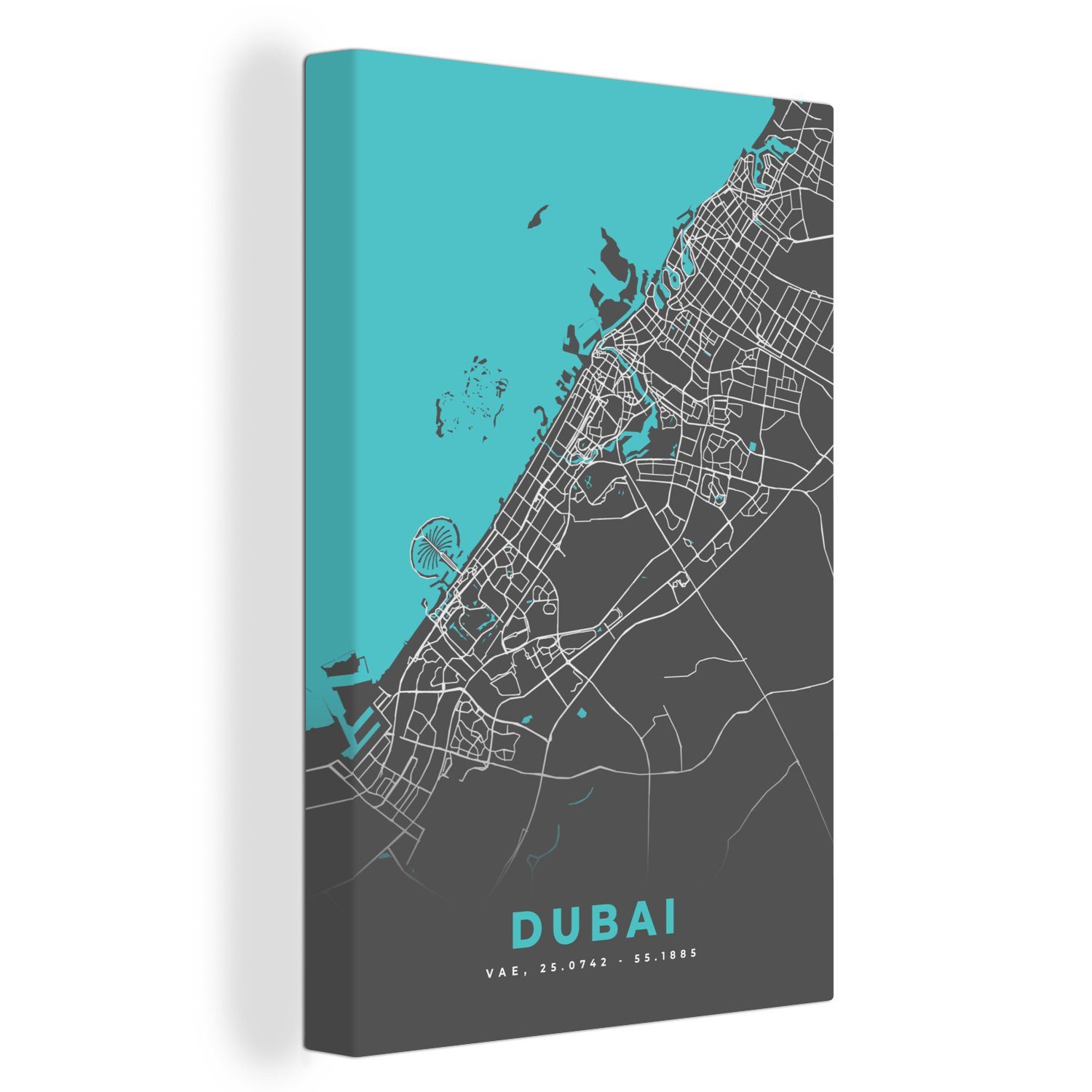 Leinwandbild cm fertig Leinwandbild Stadtplan, bespannt Gemälde, 20x30 Dubai - OneMillionCanvasses® - - (1 St), inkl. Zackenaufhänger, Karte Blau
