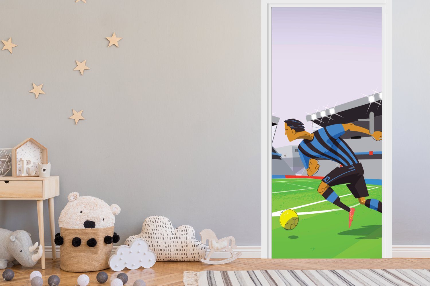 einem Fußball cm 75x205 Fototapete die (1 Stadion bedruckt, St), in MuchoWow Tür, Eine Matt, Türtapete Illustration von Spielern, Türaufkleber, für spielen -,