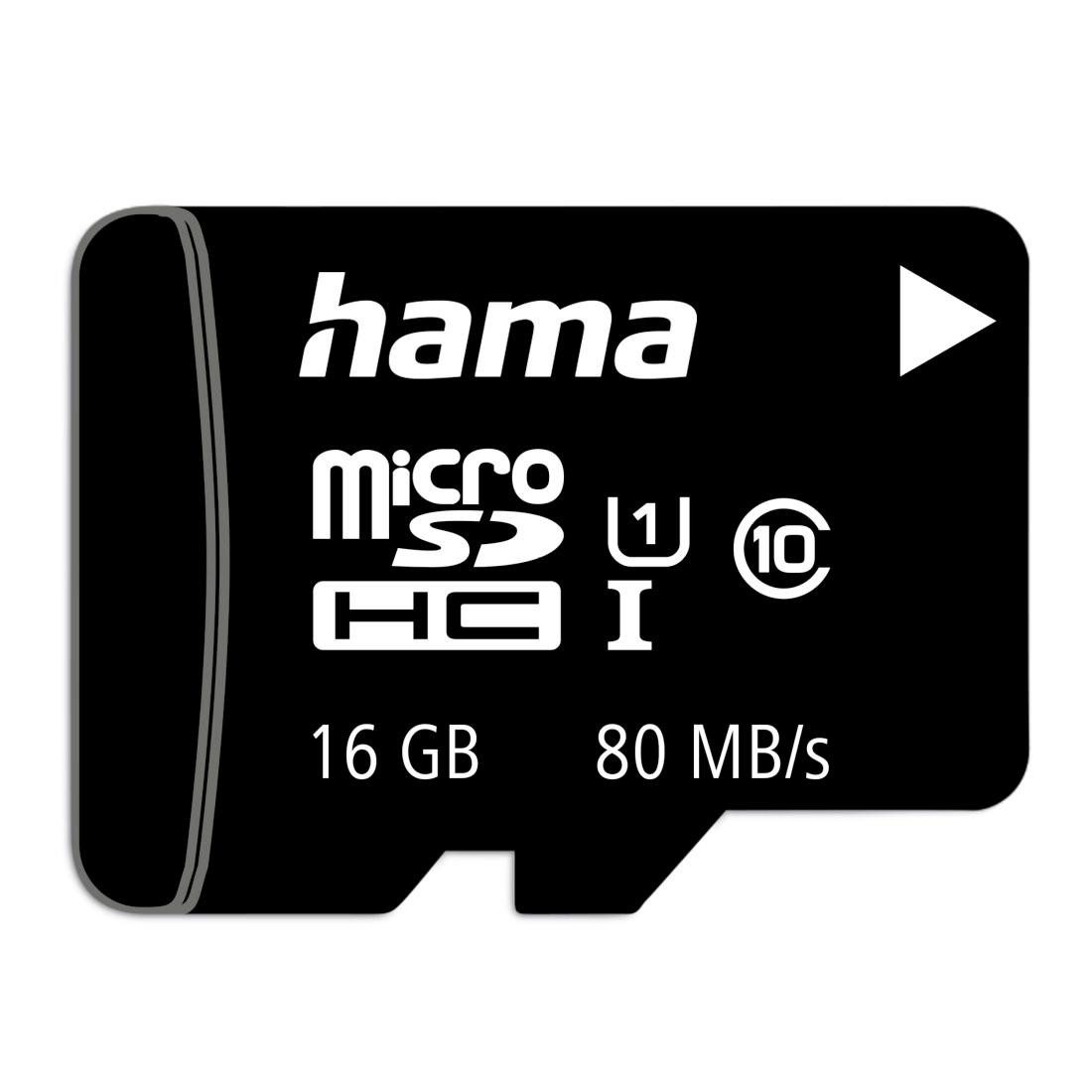 Hama microSD Karte, Memory Fast, + Adapter/Mobile, Class 10 UHS-I Speicherkarte (16 GB, UHS-I Class 10, 80 MB/s Lesegeschwindigkeit)