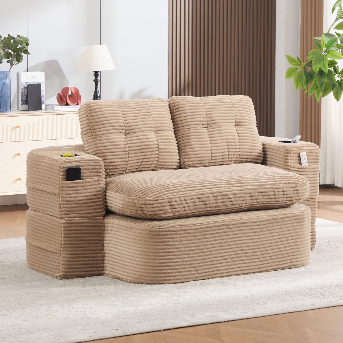 Odikalo Sessel 2-in-1 Schlafsessel mit bettfunktion ausziehbar (Cord, Schlafsofa mit Liegefunktion, Komprimiertes Bodensofa mit Verstellbaren Armlehnen, 2 Getränkehaltern, Hoher Rückenlehne und Extra Tiefer Sitzfläche)