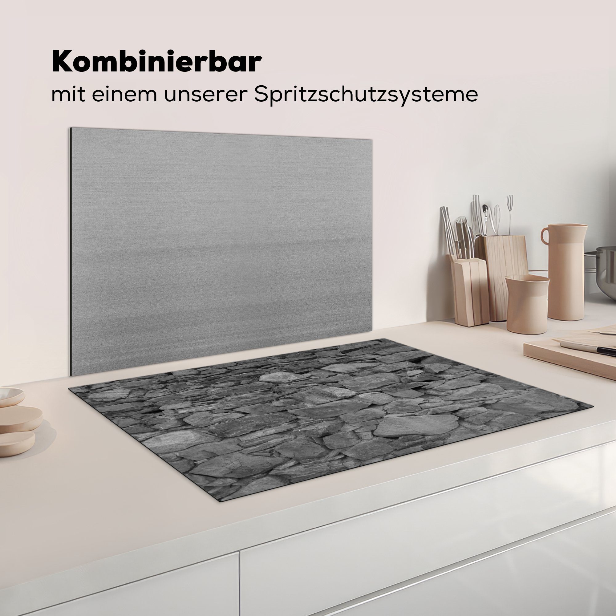 für tlg), - MuchoWow - - Muster Vinyl, Stein küche, Ceranfeldabdeckung Herdblende-/Abdeckplatte Schutz 81x52 Wand Induktionskochfeld (1 cm, Weiß, - die Schwarz