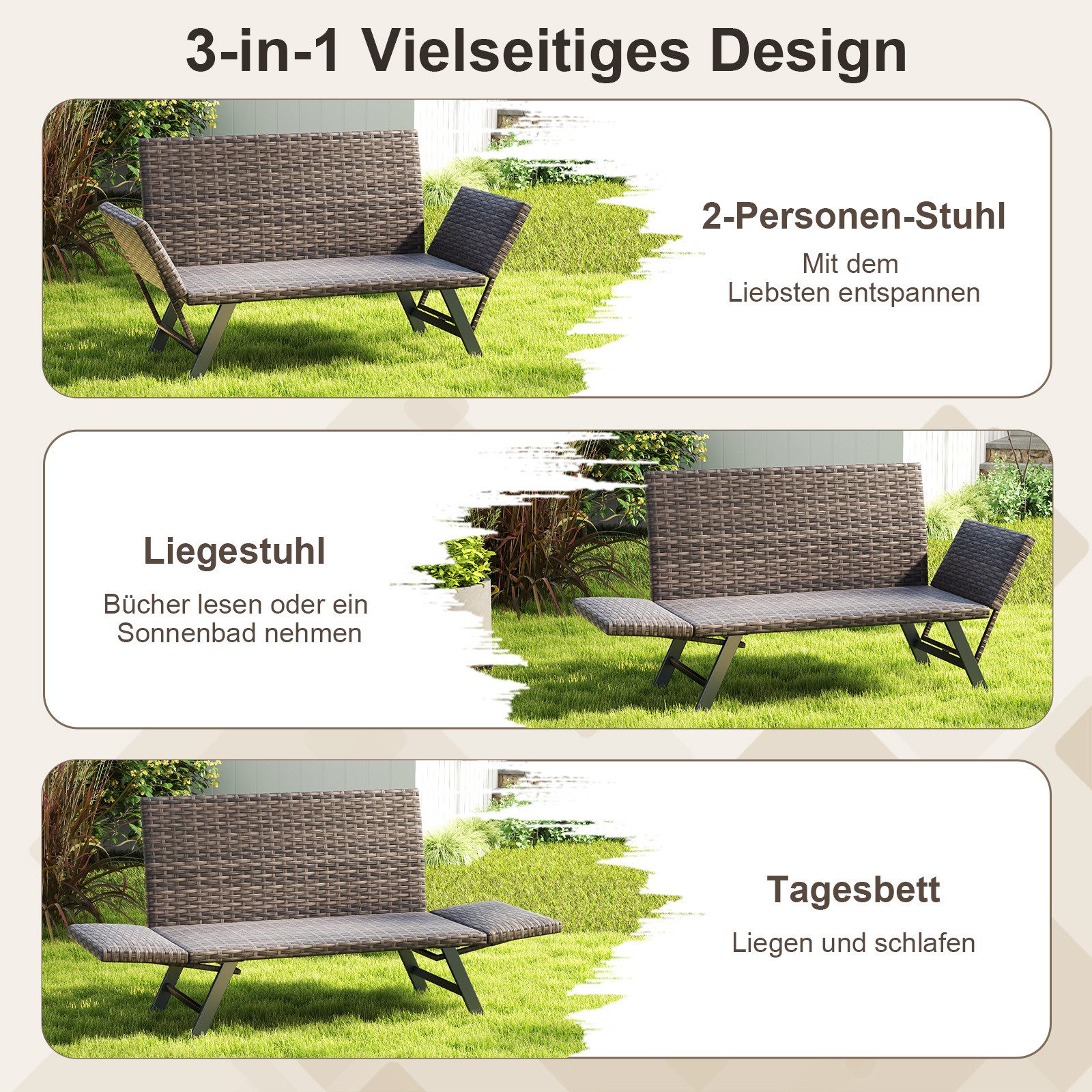 COSTWAY Gartenbank 4 in 1 mit Liegefunktion, wetterfest, 2-Sitzer, 300kg – Bild 2 von 5