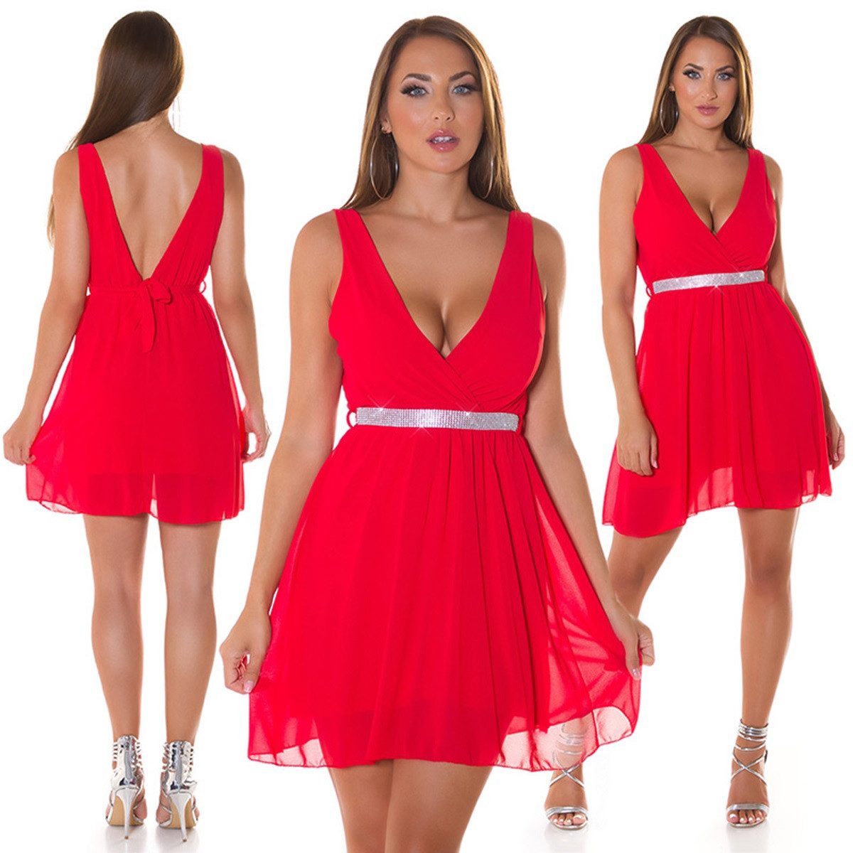 Koucla Chiffonkleid Cocktailkleid Mini Kleid rot mit Strass Gürtel und sexy Ausschnitt Strass-Bindegürtel