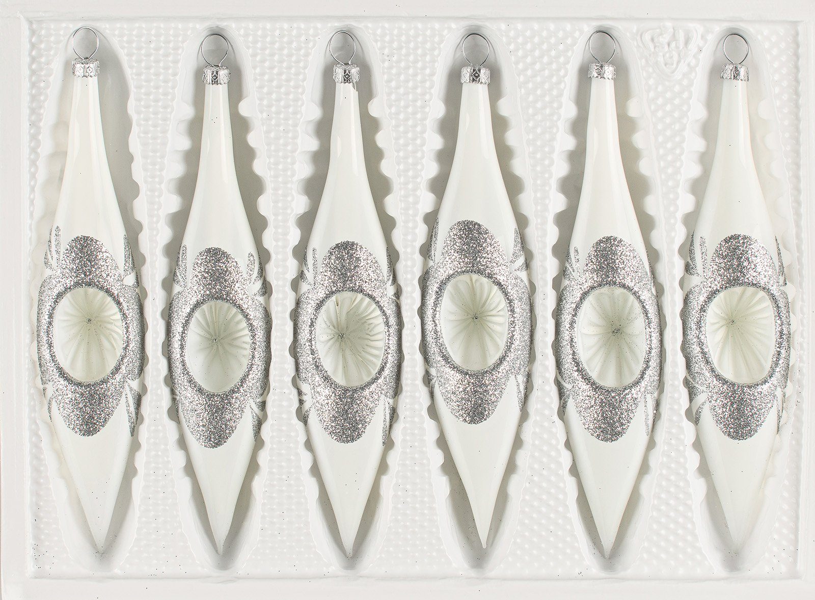 Christbaumschmuck 6 tlg. Glas-Zapfen Set "Hochglanz Vintage Classic Weiss"