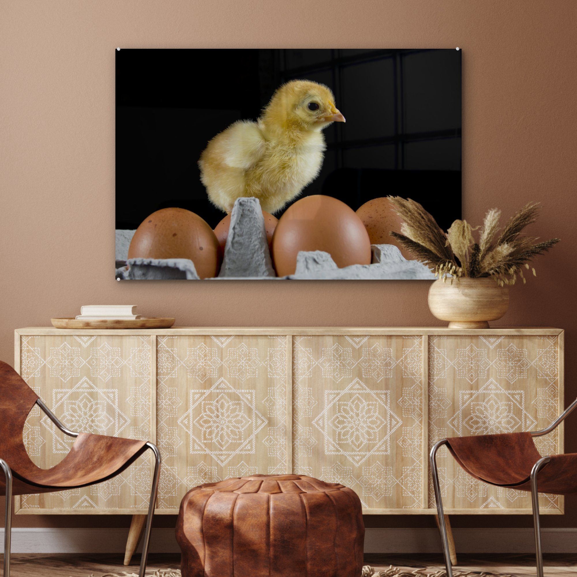 schwarzem (1 Küken Ei einem St), MuchoWow & Acrylglasbilder Ein Acrylglasbild Wohnzimmer auf auf Hintergrund, Schlafzimmer