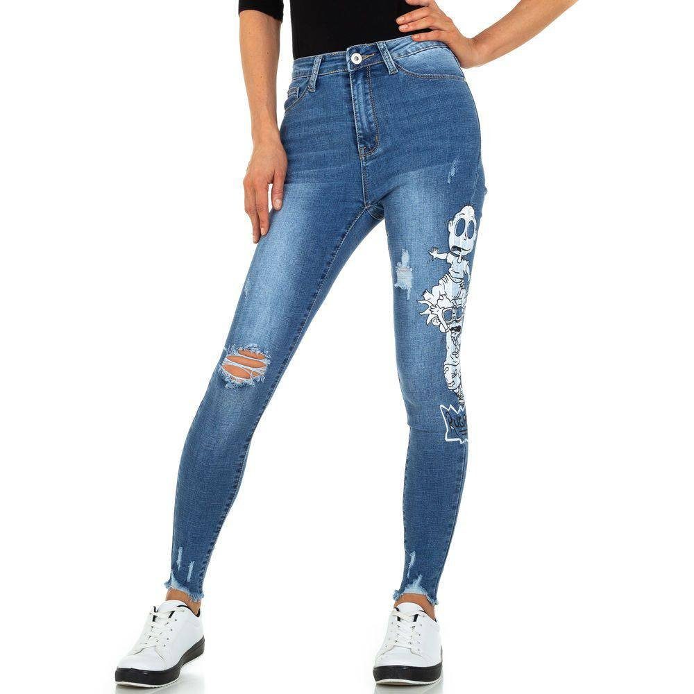 Ital-Design High-waist-Jeans Damen Freizeit Applikation Print Stretch High Waist Jeans in Blau