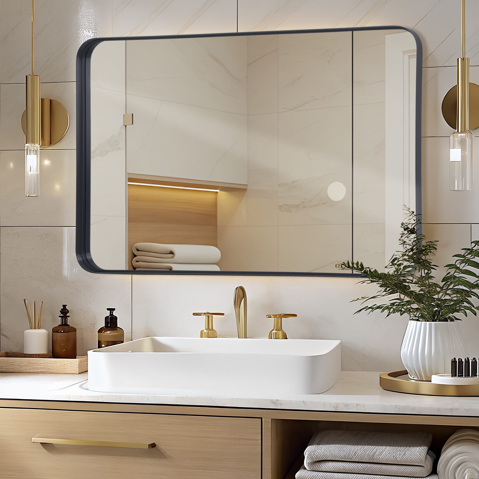 LUNAMIRROR Wandspiegel mit abgerundeten Ecken, Aluminiumrahmen, HD-Spiegelglas (1-St), senkrecht & waagerecht montierbar, schwarz/golden/silber