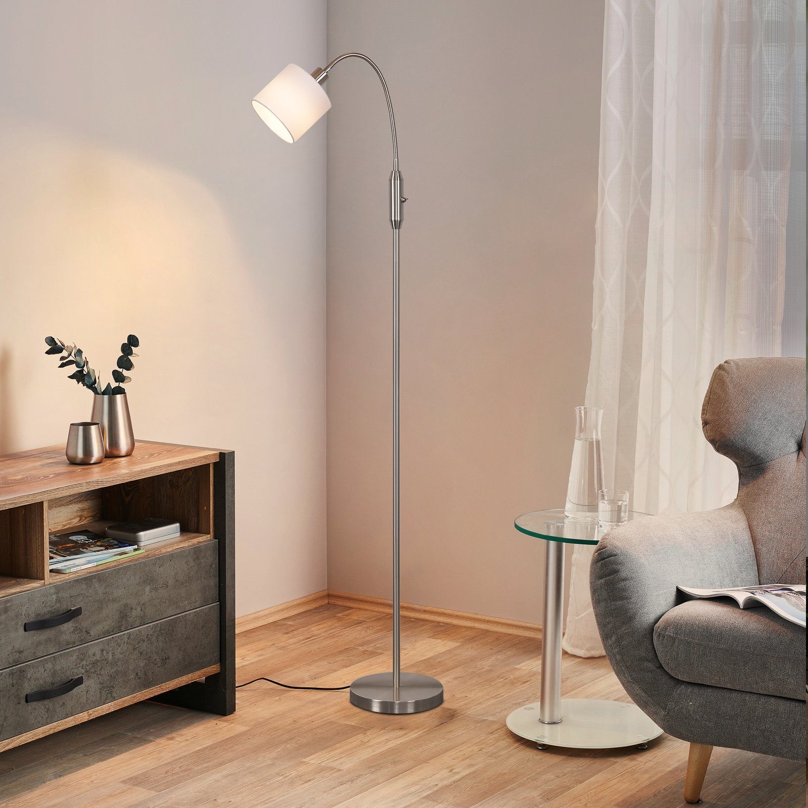 Nettlife Stehlampe Schwarz Vintage Stehleuchte mit Kippschalter Stoff Bogen Modern, 360° Drehbarer, LED wechselbar, für Wohnzimmer Schlafzimmer Arbeitszimmer Büro Nickelfarben