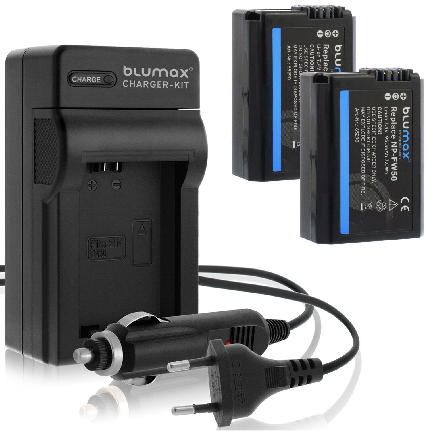Blumax Set mit Lader für Sony NP-FW50 6000 6500 950 mAh Kamera-Akku | Kamera-Akkus