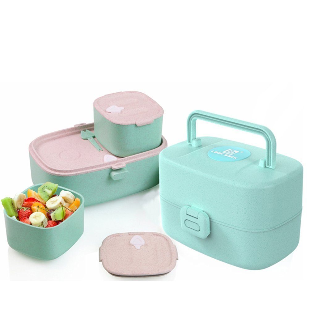 JOEAIS Lunchbox Lunchbox Bentobox für Kinder Löffelgabel Lunchbehälter 3-integrierte, 860ml Nachhaltige Brotdose mit Fächern Lebensmittel-safe Materialien A-Pastellblau